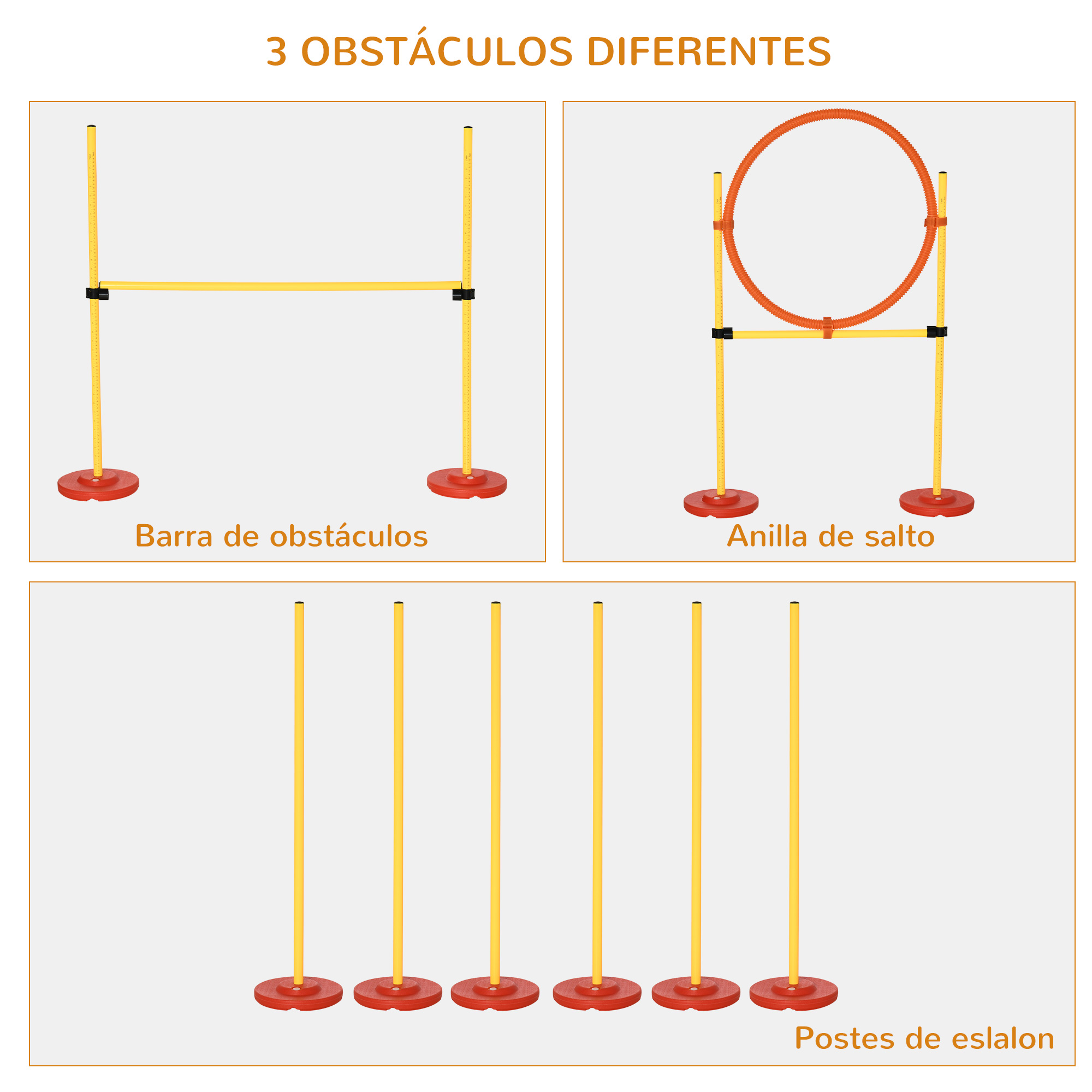 Tres obstáculos de agilidad canina: una barra, un aro y un slalom.