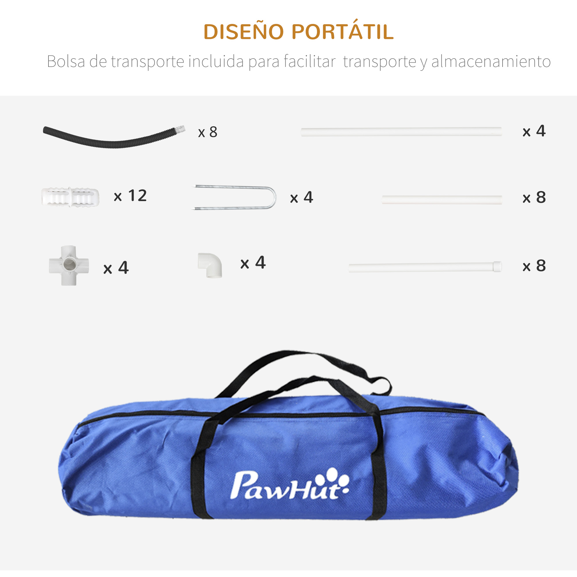 Bolsa azul con varias piezas desmontadas.