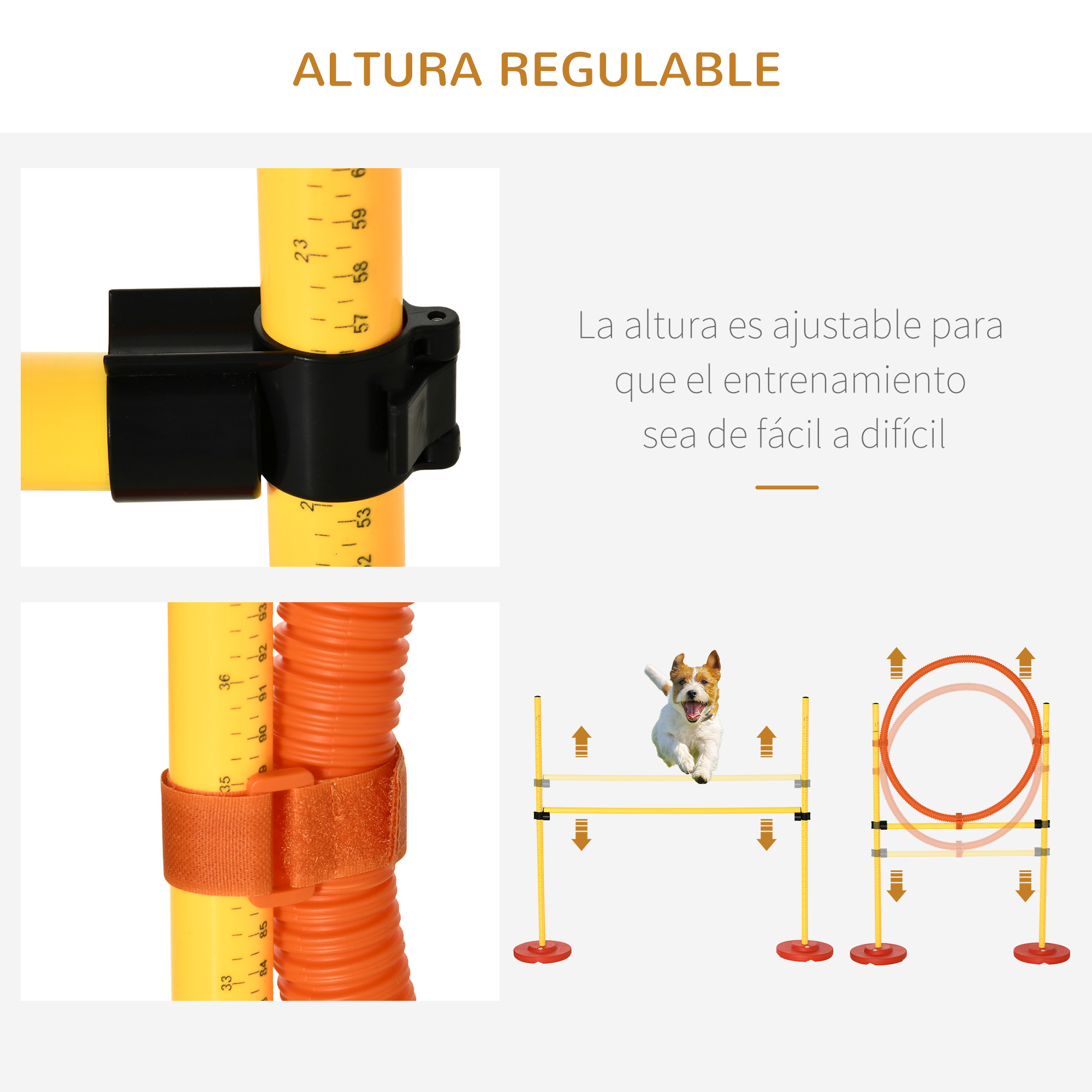 Primer plano de equipo de agilidad canina. Postes amarillos con altura ajustable y detalles naranjas. Perro salta.