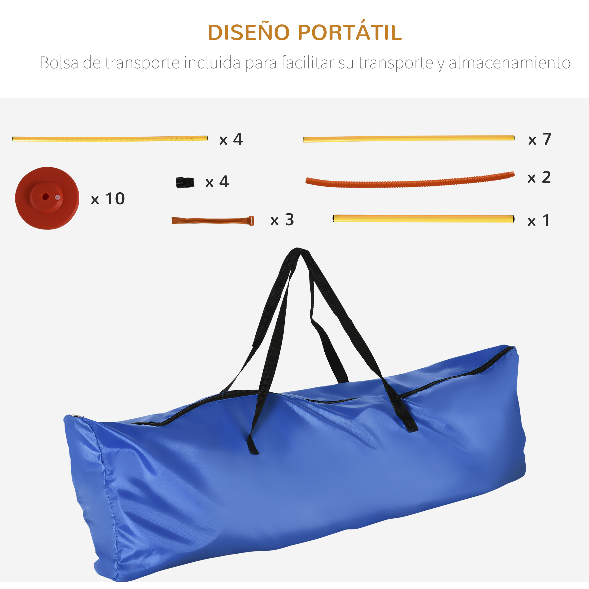 Una bolsa azul con asa negra. Junto a ella, piezas para un curso de entrenamiento.