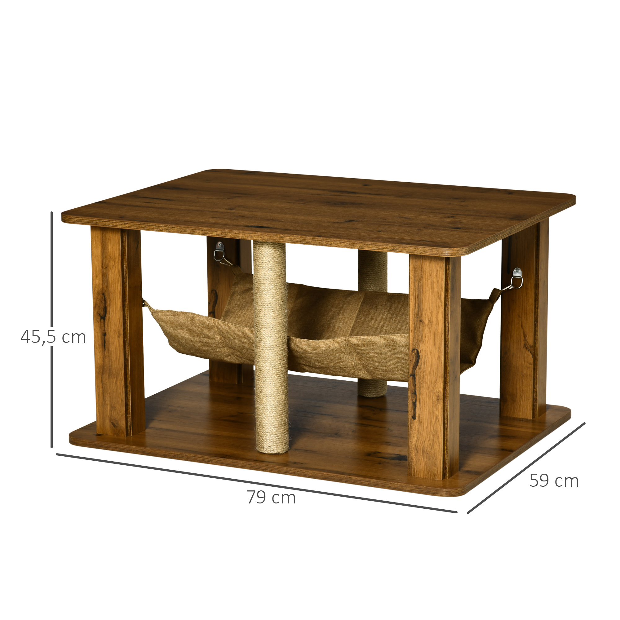 Una mesa para gatos con hamaca y poste rascador. Tiene marco de madera y acabado marrón.
