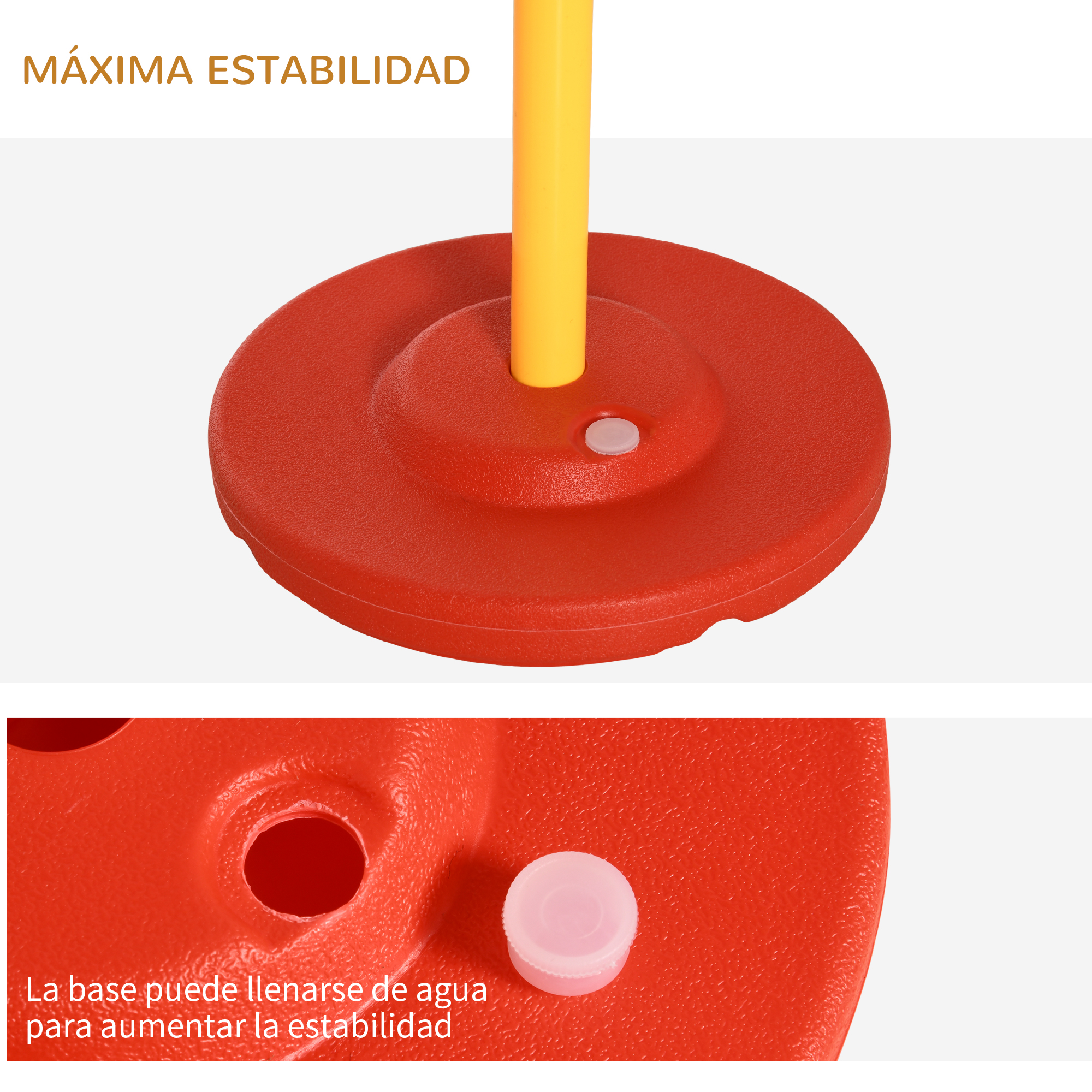 Una base roja para un artículo deportivo, con el texto 'Máxima Estabilidad' y vista de cerca de la base.
