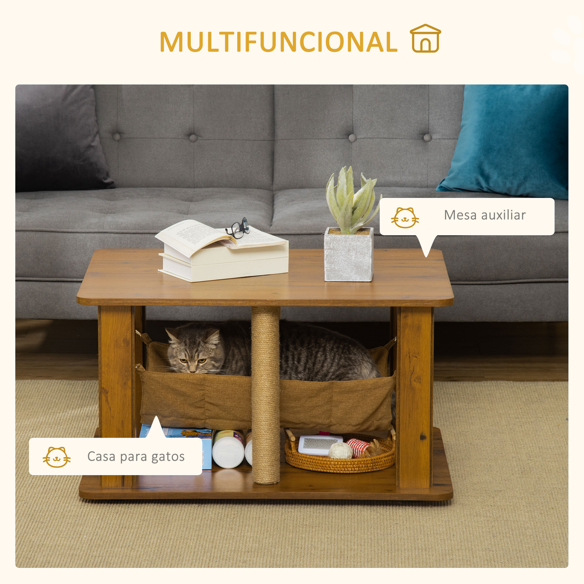 Una mesa para gatos de madera con cama, poste rascador y un gato descansando en una cesta.