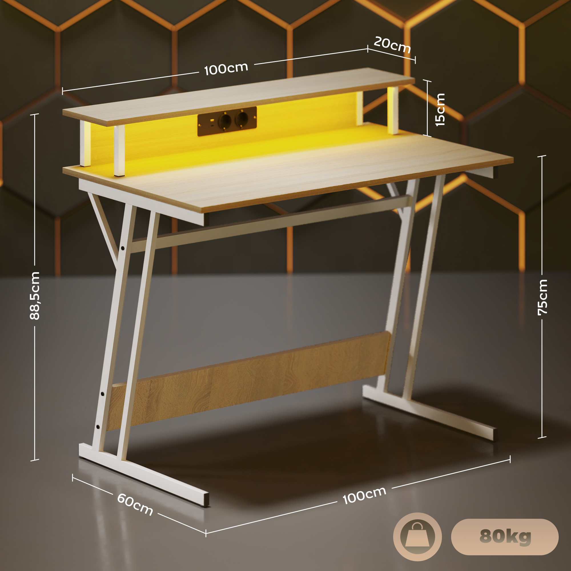Un escritorio de computadora con estante iluminado y tapa de madera, dimensiones.