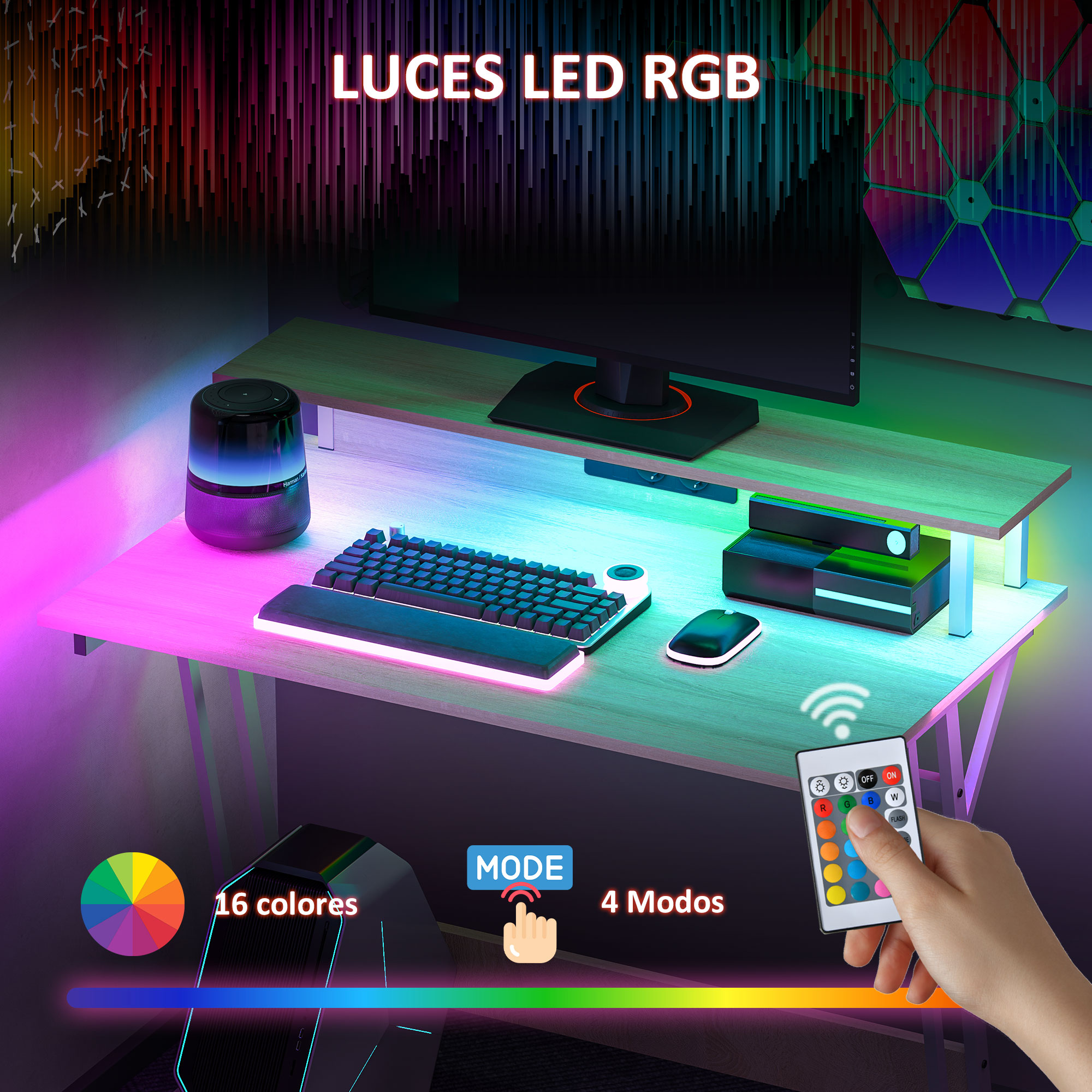 Escritorio gaming RGB con teclado, ratón y monitor. Una mano sostiene un mando. Rueda de color y texto.