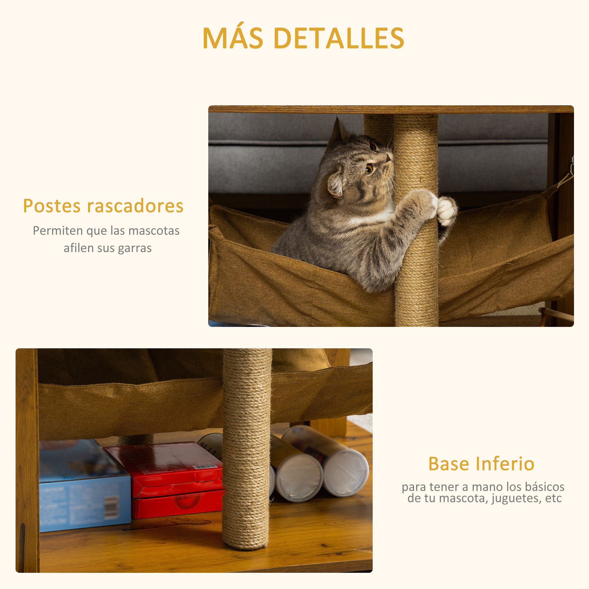 Un gato en un rascador y un gato durmiendo en su hamaca.