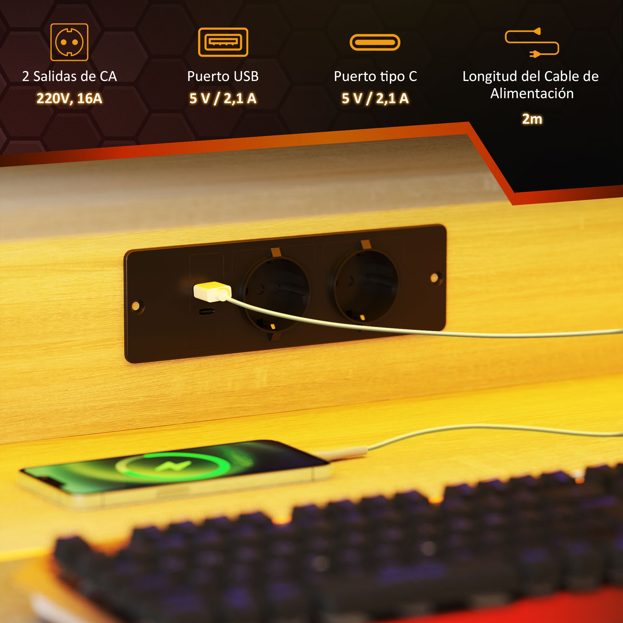 Un enchufe negro con puertos USB y USB-C. Un teléfono se está cargando. Texto: 220V, 16A, 5V/2.1A, Cable 2m.