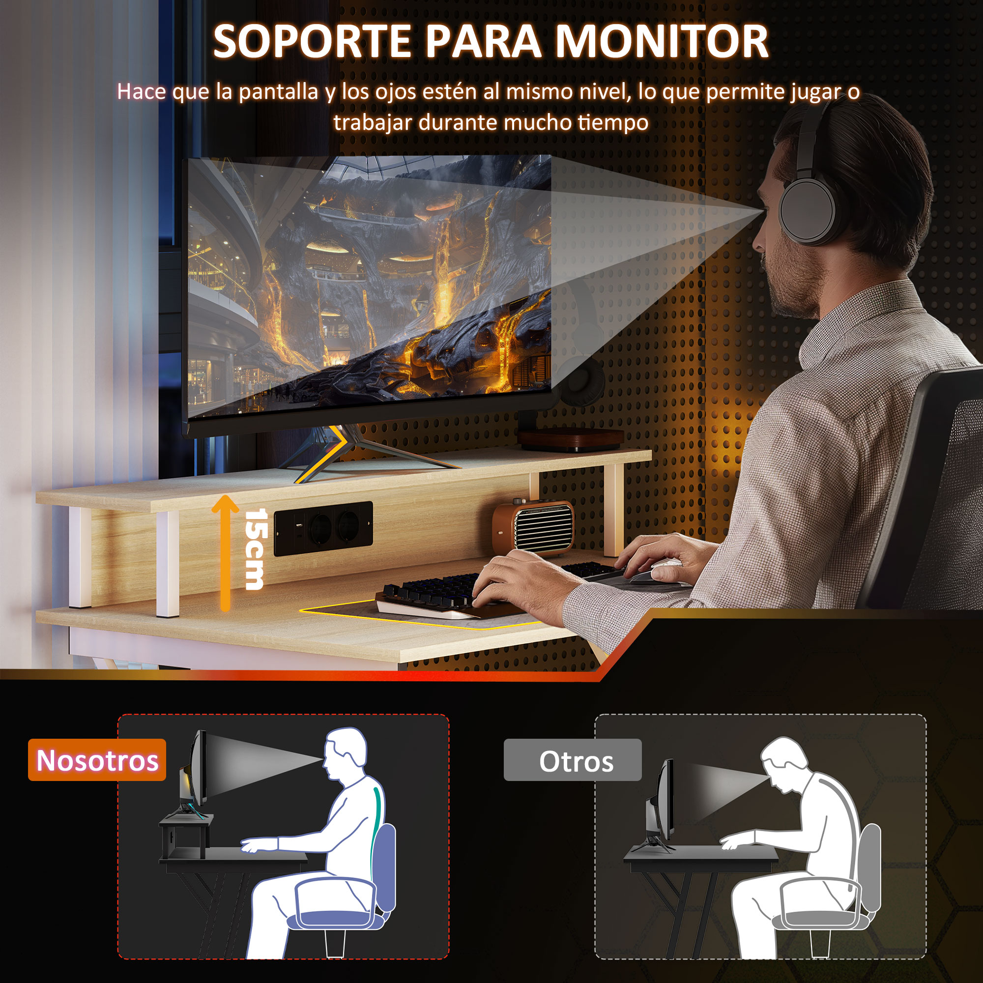 Hombre usando un soporte de monitor con teclado, auriculares y monitor. Muestra la postura correcta.