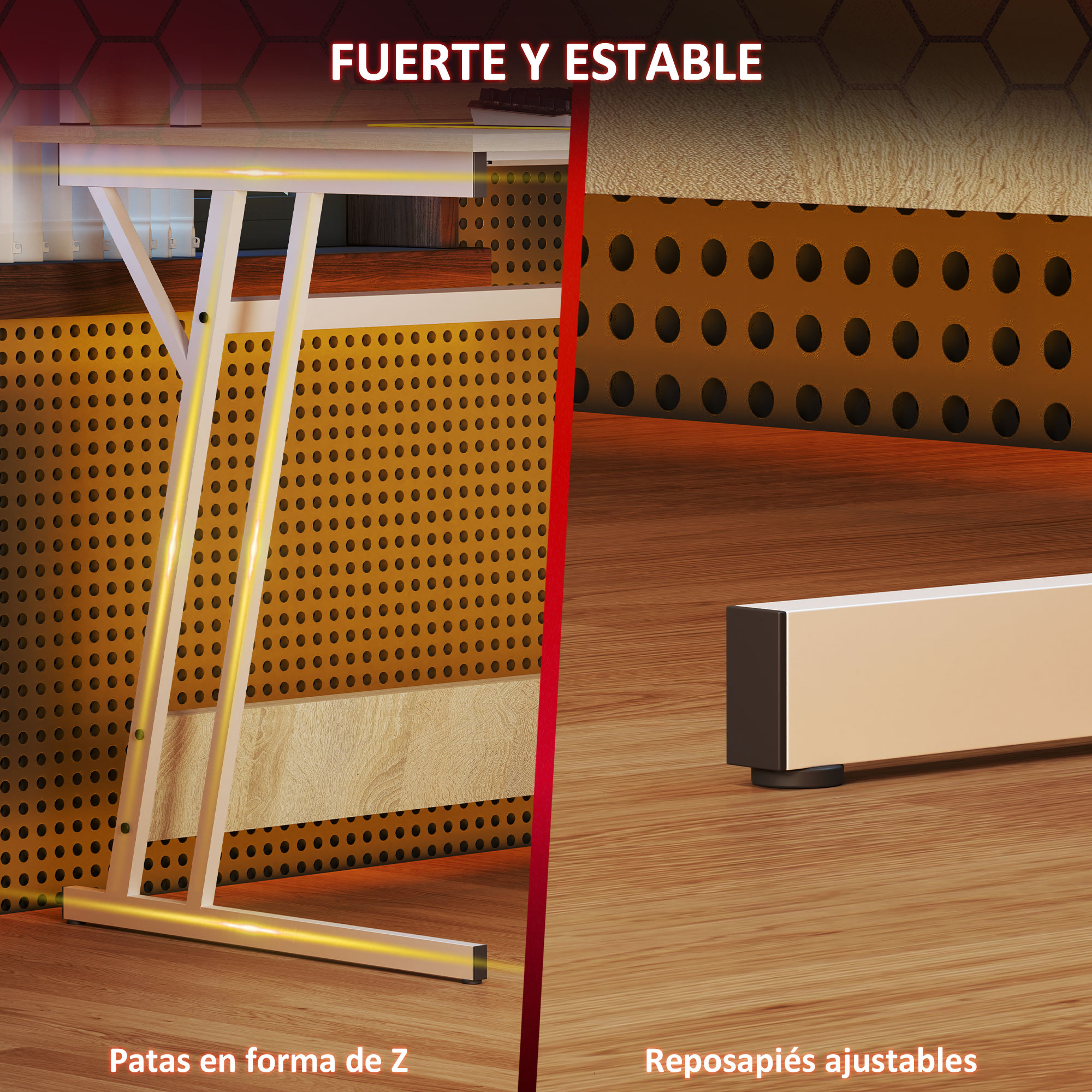 Primer plano de una mesa que muestra patas en forma de Z y reposapiés ajustables.