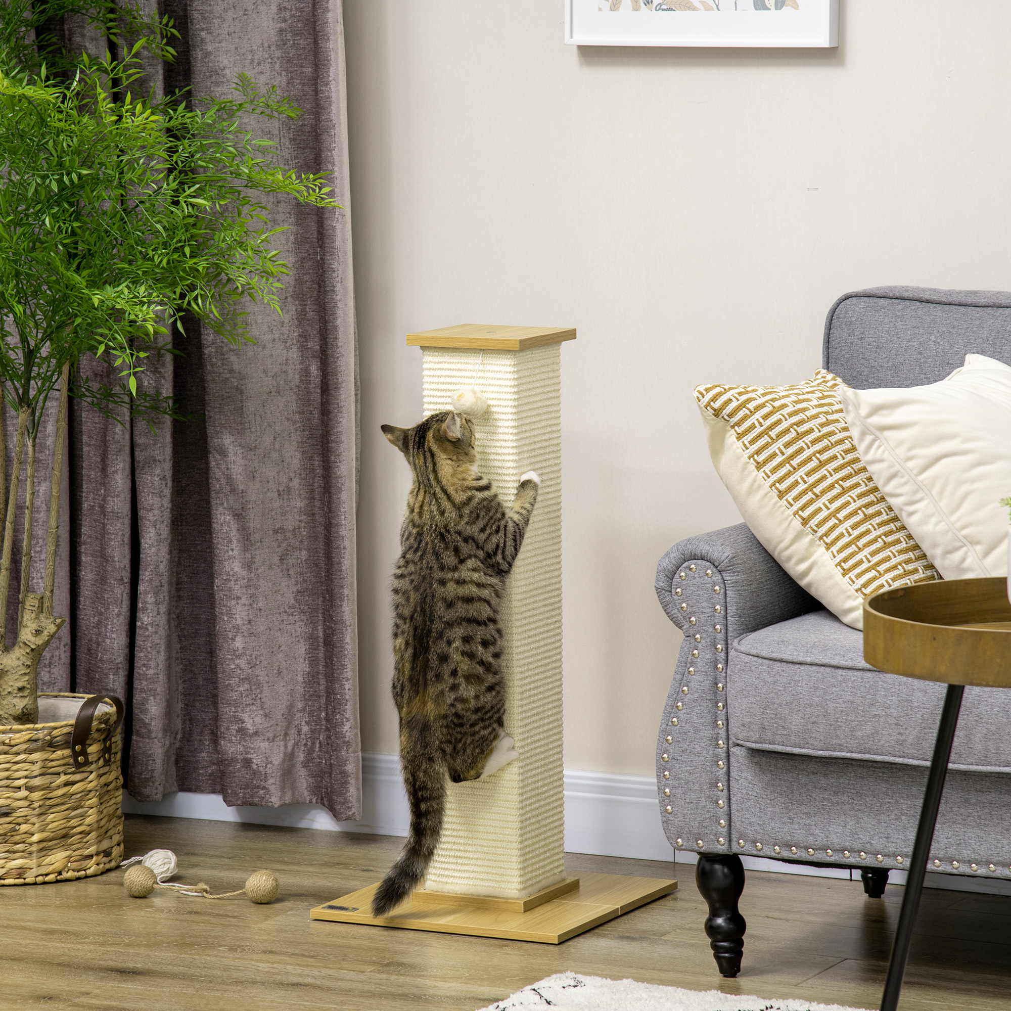 Un gato rasca un árbol para gatos alto. El árbol es blanco con base y tapa beige. Una planta verde en el fondo.