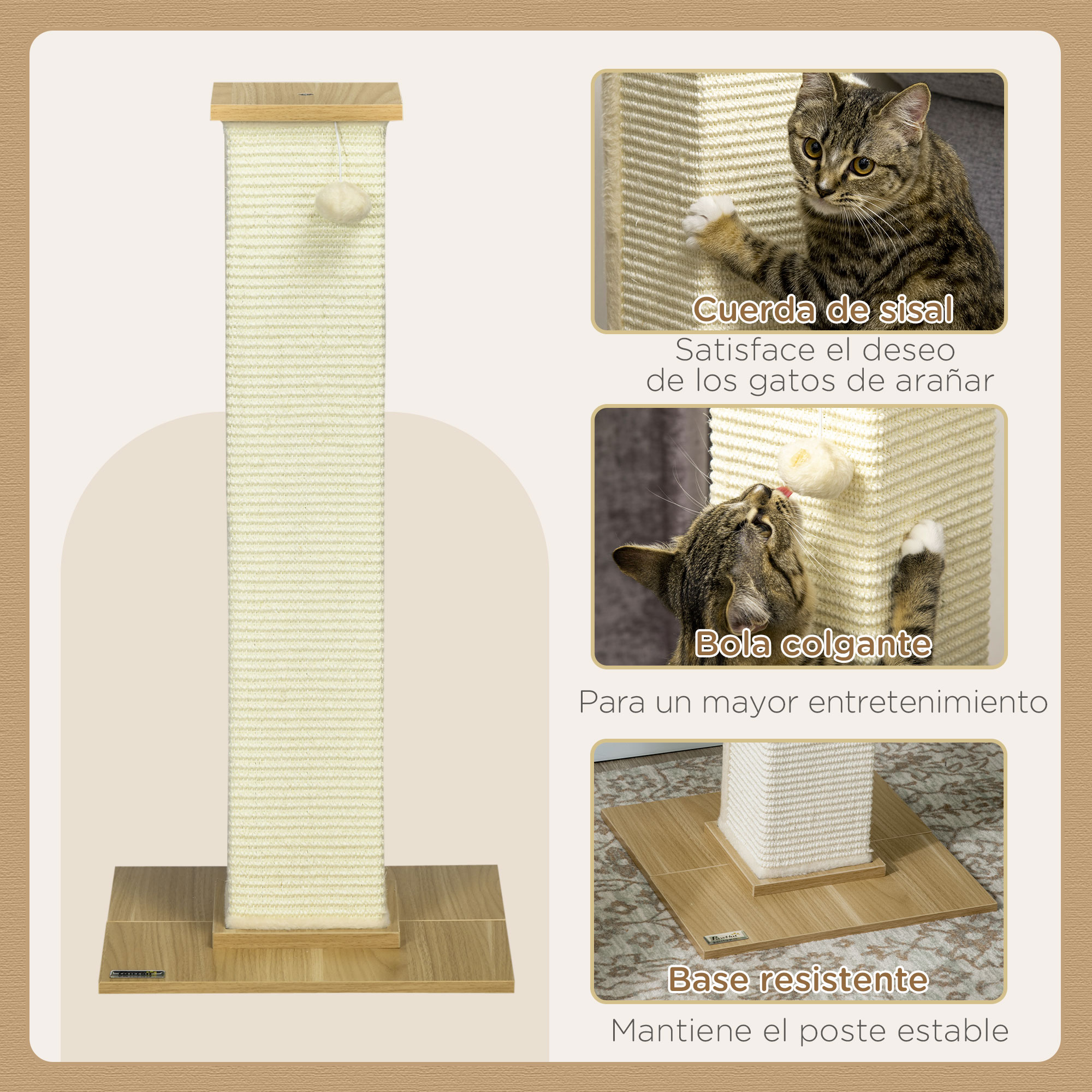 Rascador para gatos con cuerda de sisal, bola colgante y base resistente. Incluye descripciones.