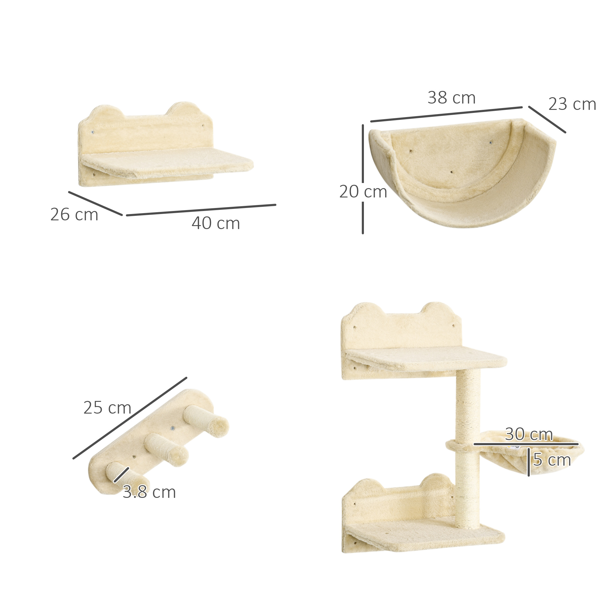 Múltiples vistas de un árbol para gatos beige con dimensiones. Cuenta con plataformas, una hamaca y un rascador.