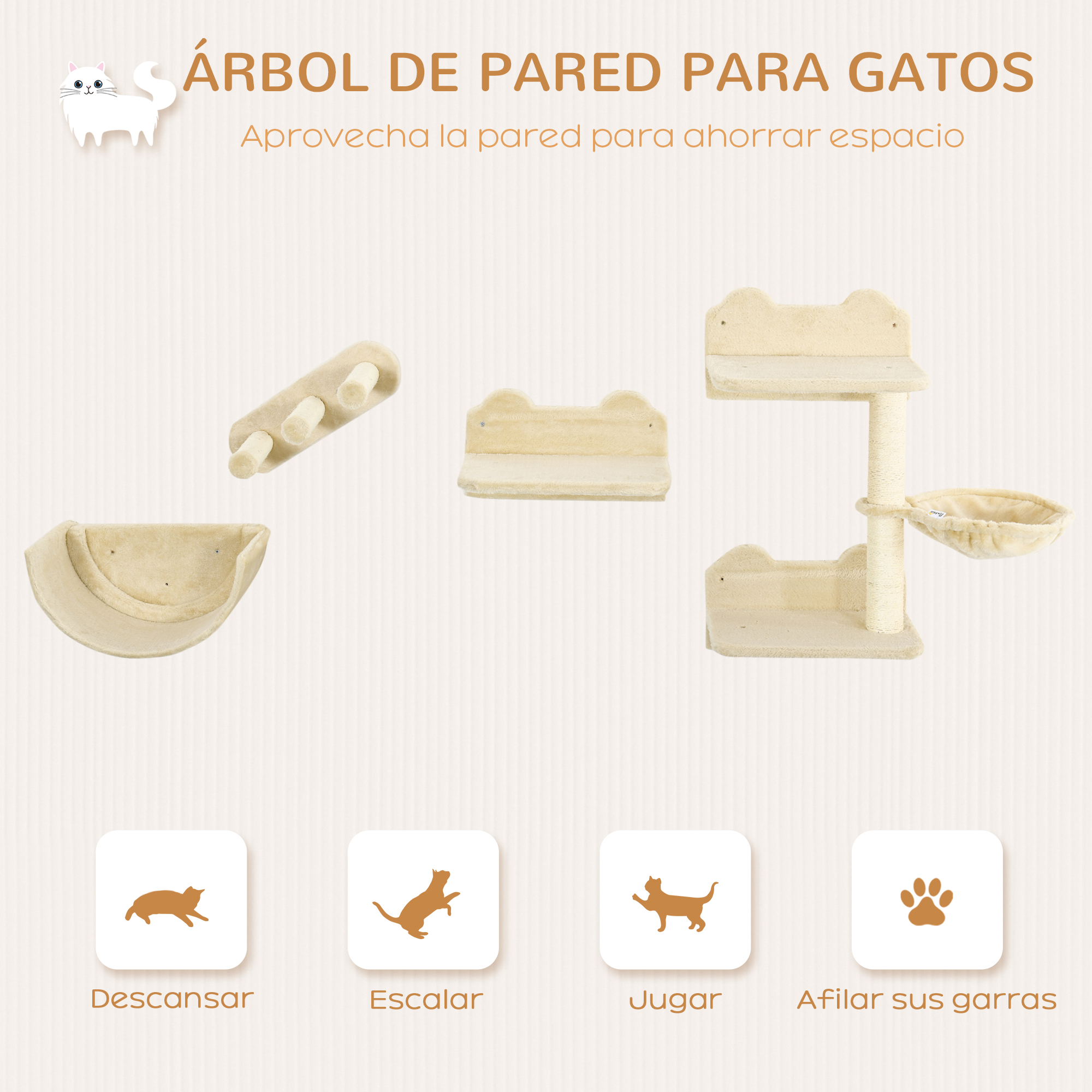 Elementos de árbol para gatos. Estantes de madera beige, plataformas y una cama para gatos.