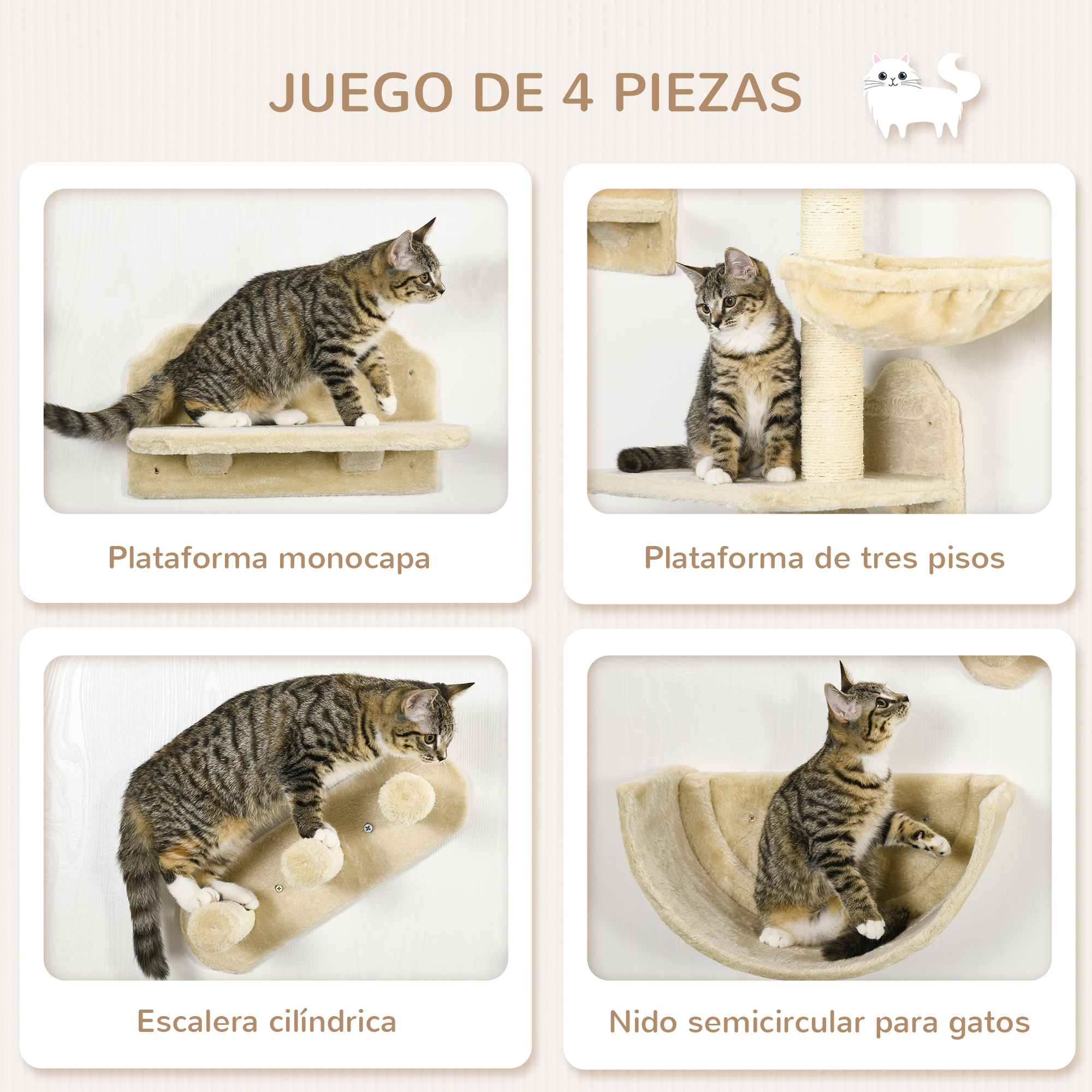 Cuatro imágenes de muebles para gatos. Un gato en cada uno. Incluye plataformas, escaleras y una cama semicircular.