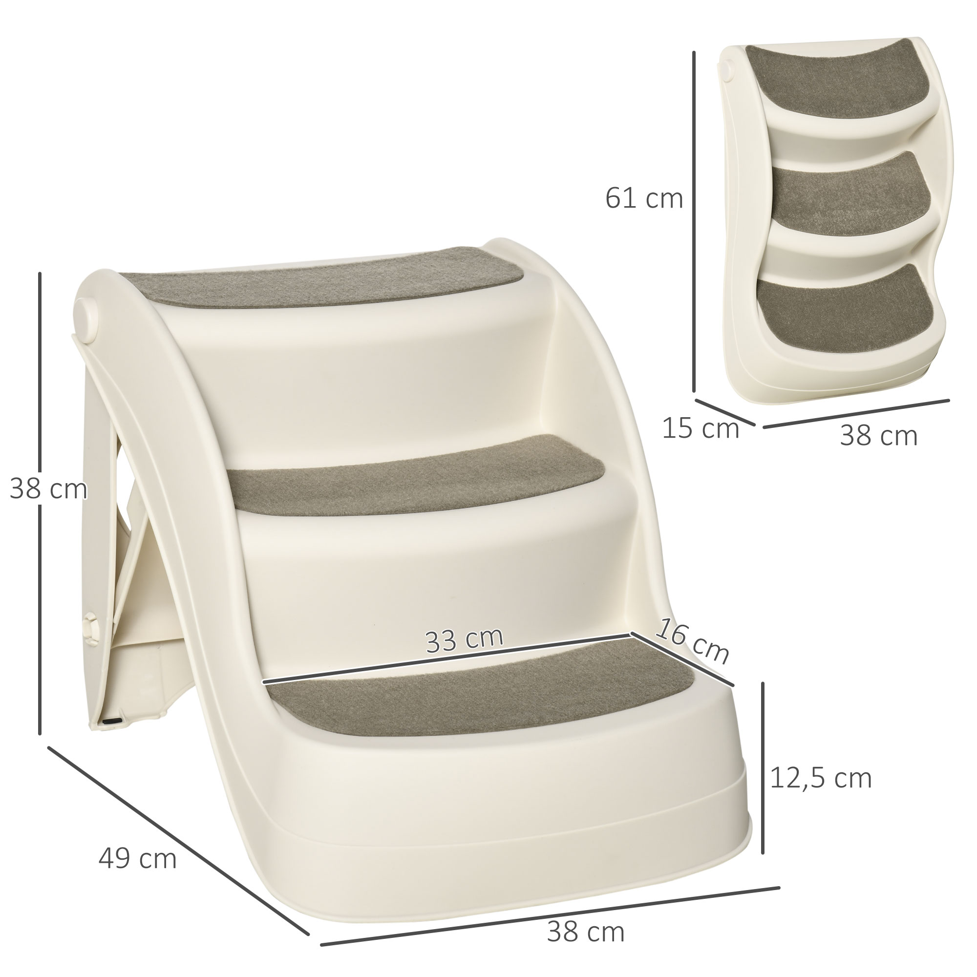 Escaleras para mascotas blancas con tres escalones y dimensiones en centímetros.