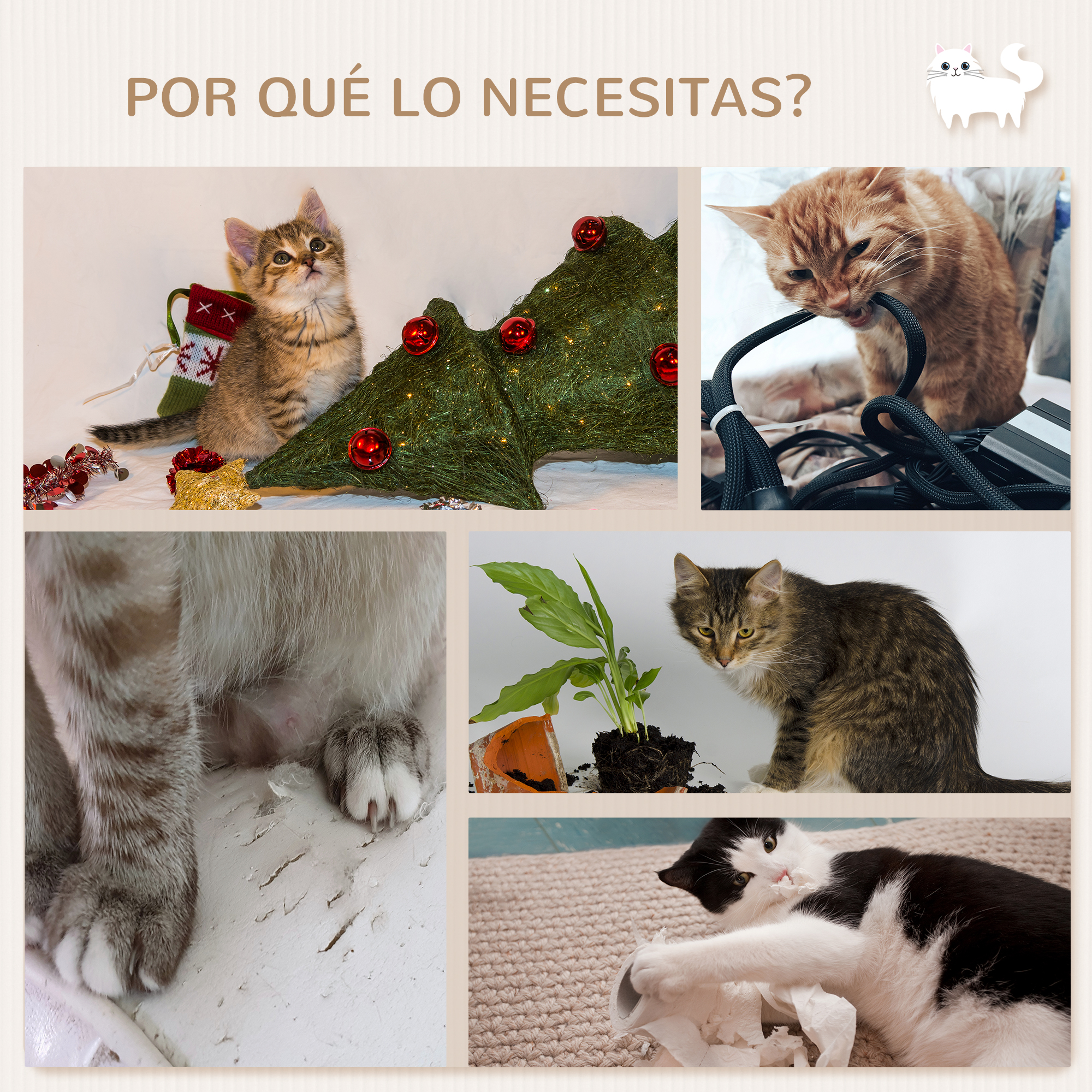Gatos interactuando con un árbol de Navidad, cables, plantas y otros objetos.