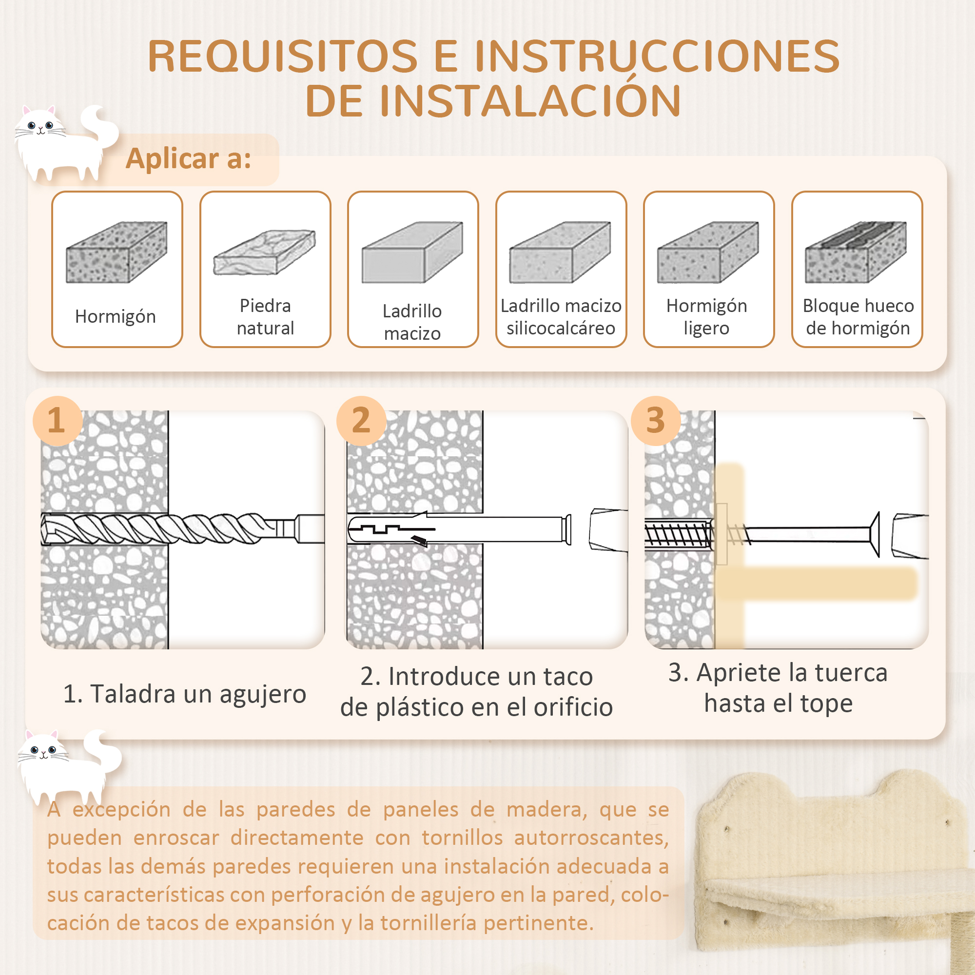 Diagrama con pasos para instalar un artículo montado en la pared, incluyendo taladrar un agujero e insertar un taco de plástico.