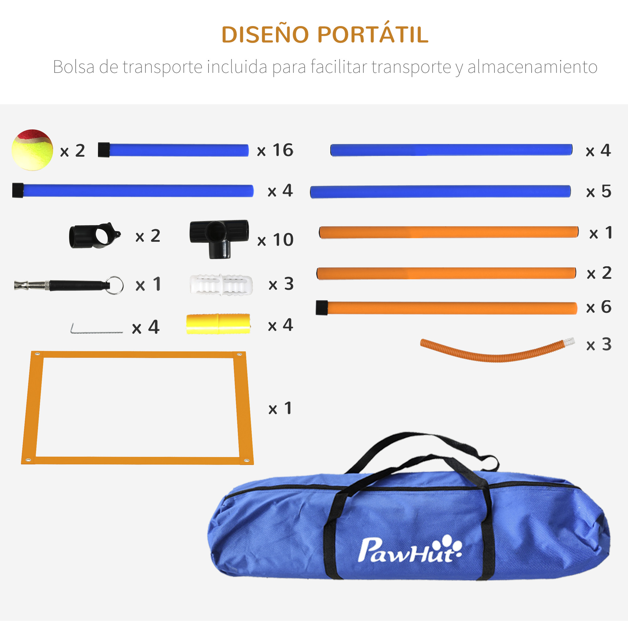 Un kit de entrenamiento de agilidad desmontado. Los elementos incluyen postes azules, barras naranjas y una bolsa de transporte azul.