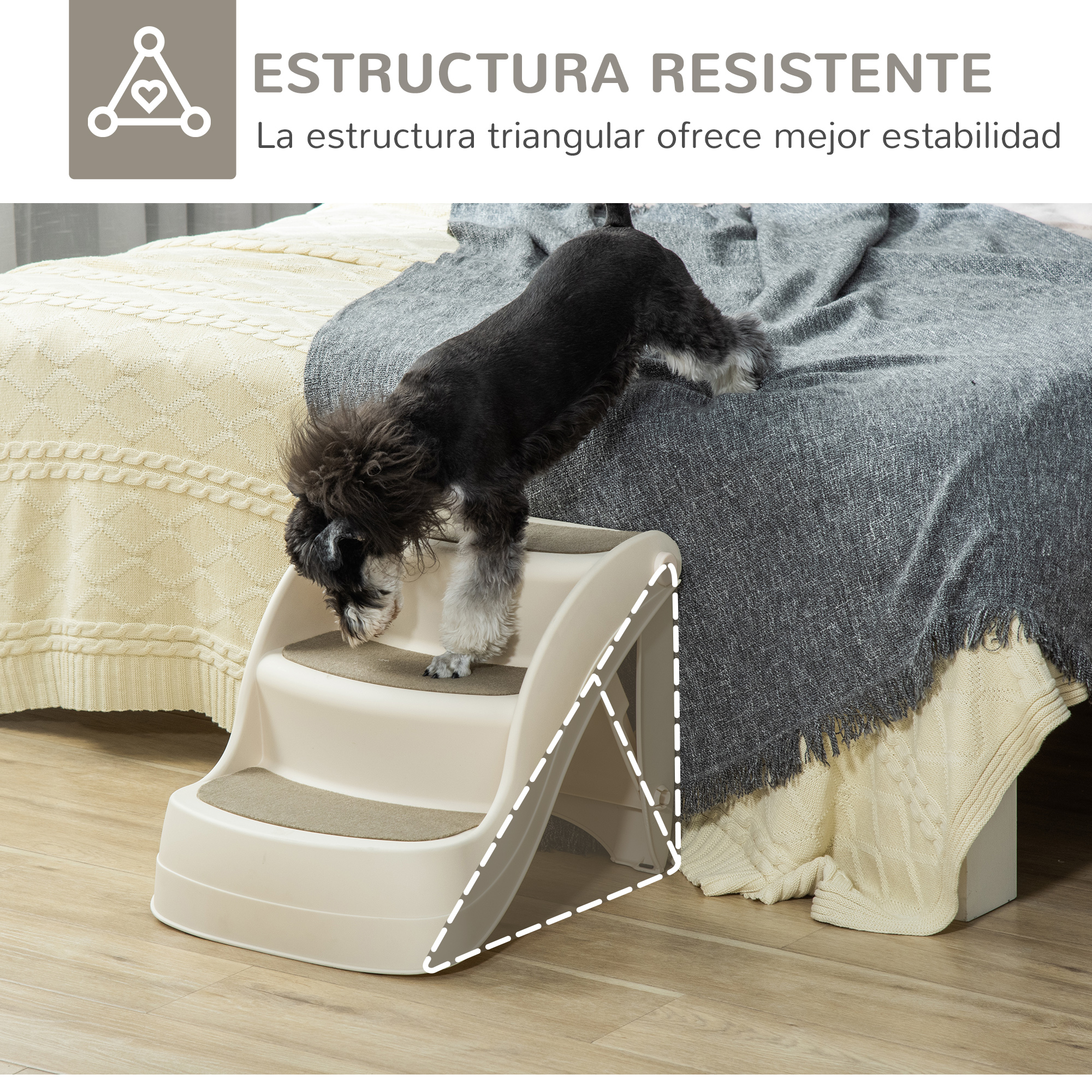 Perro pequeño subiendo escaleras beige, con contorno triangular y texto sobre estabilidad.