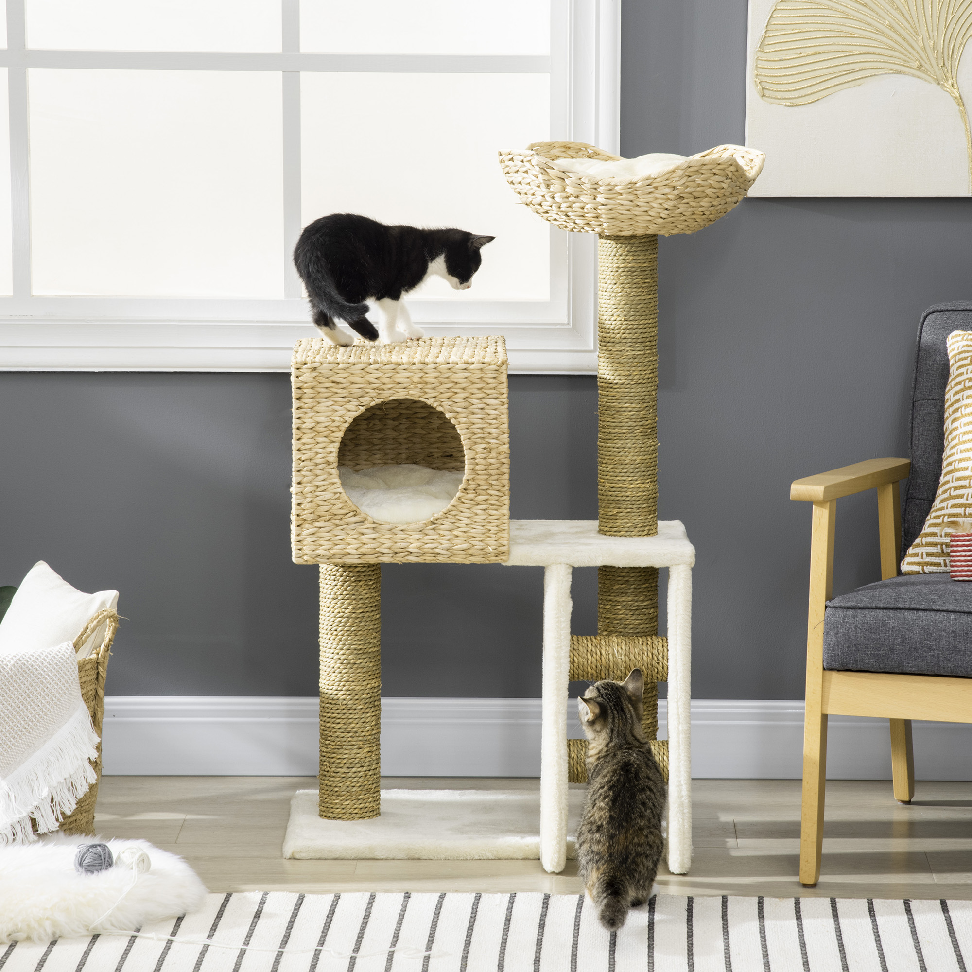 Árbol para gatos con dos gatos. Un gato negro y un gato atigrado en el árbol. Ventana al fondo.