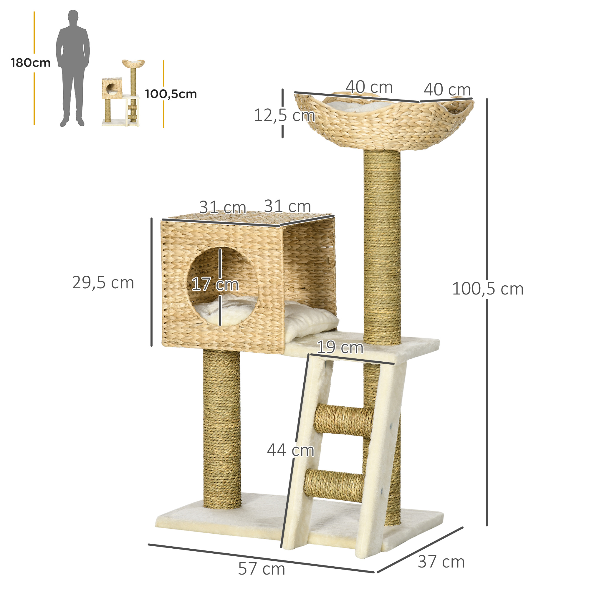 Árbol para gatos con múltiples niveles, dimensiones y comparación de tamaño humano.
