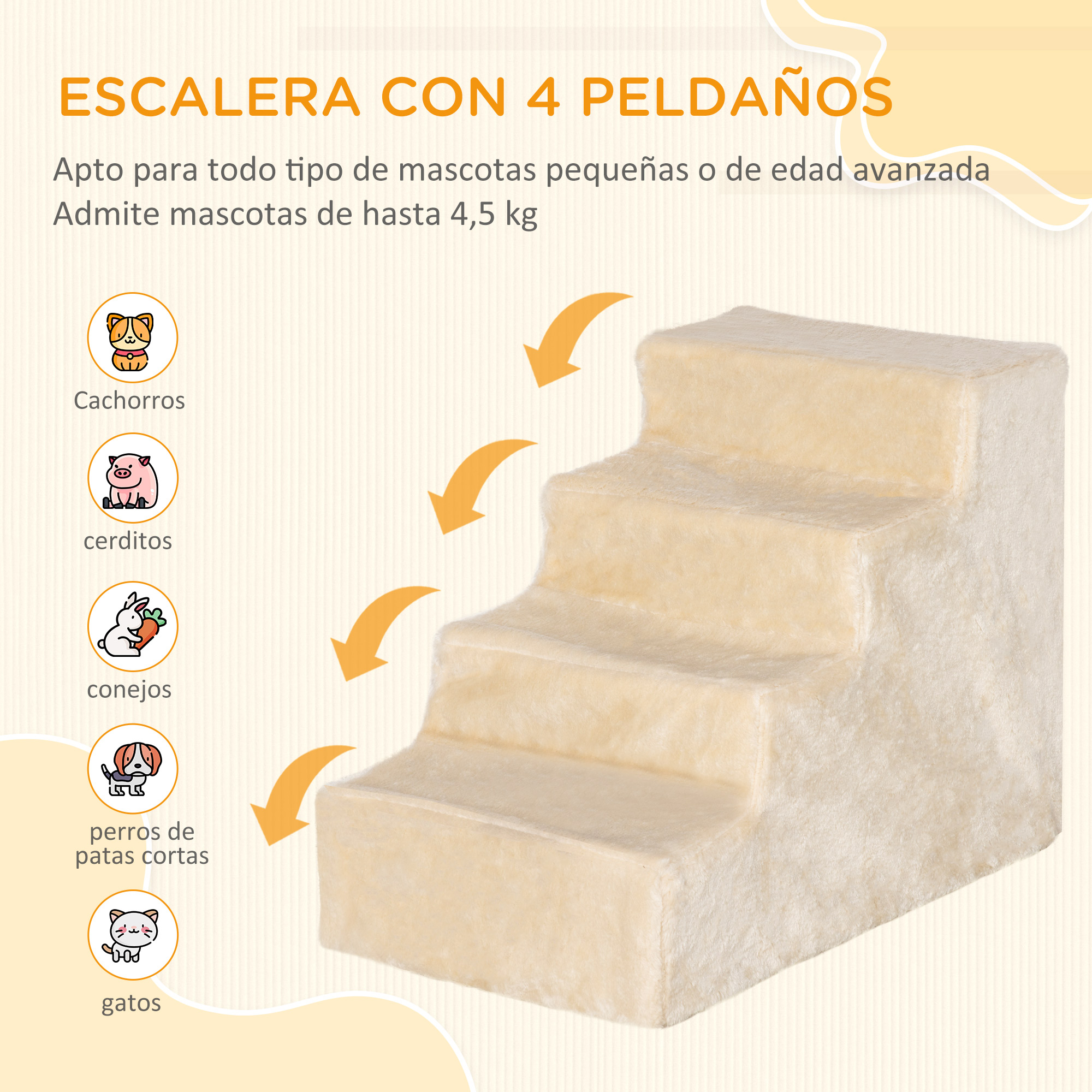Escalera beige para mascotas con cuatro escalones. Se muestran ilustraciones de mascotas pequeñas.
