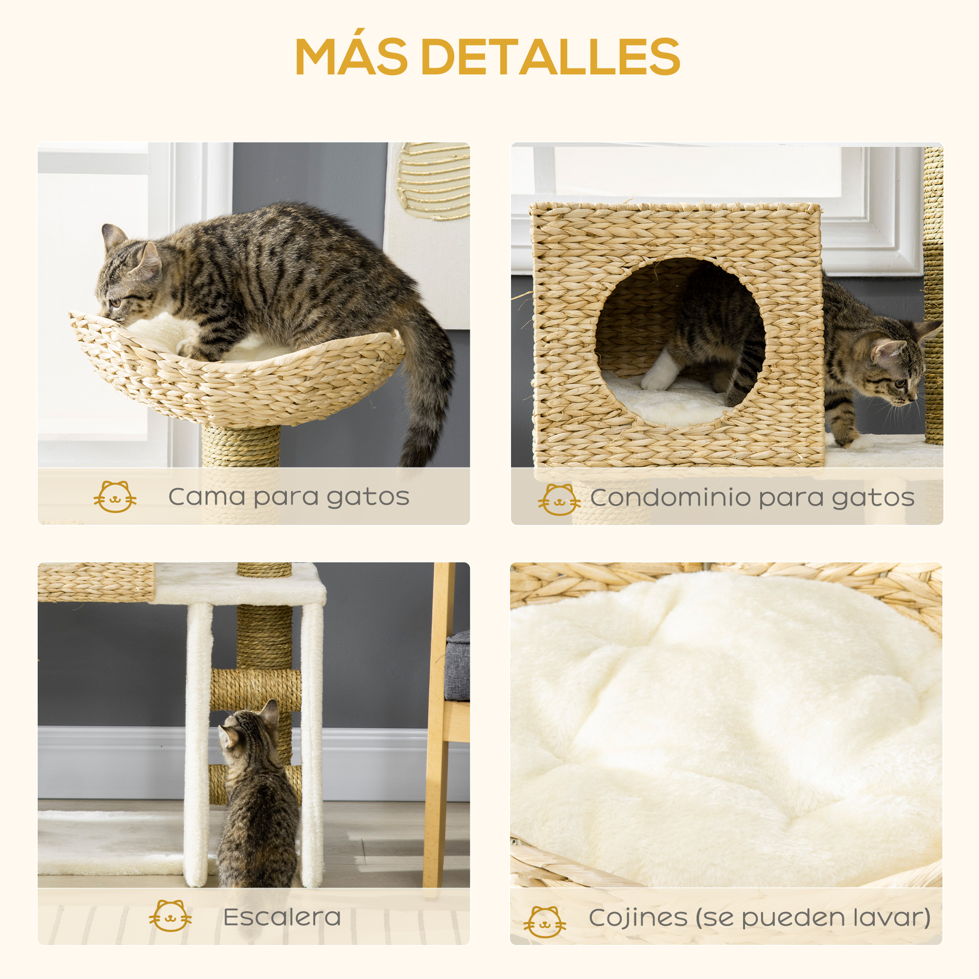 Cuatro imágenes de muebles para gatos: una cama para gatos, un condominio para gatos, una escalera para gatos y cojines lavables.