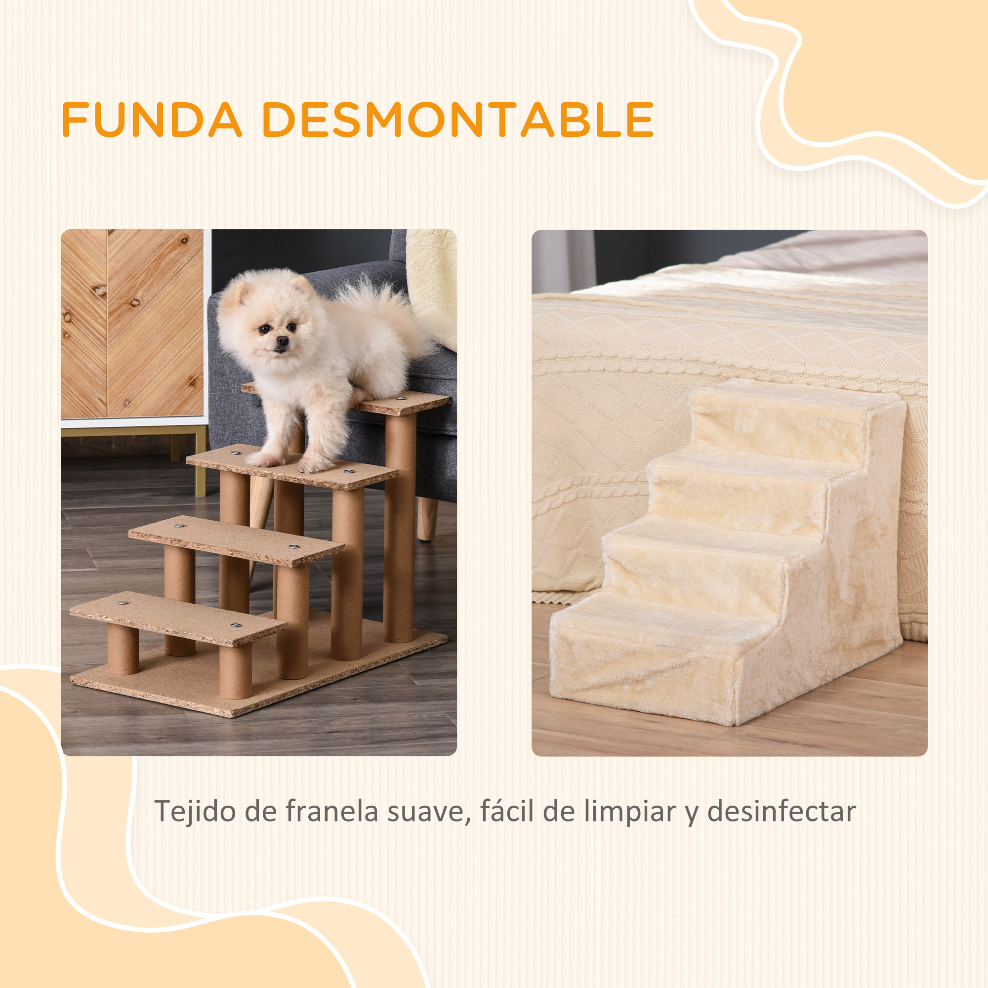 Escaleras para mascotas con funda extraíble. Dos imágenes mostrando diferentes estilos y características. Fondo beige.