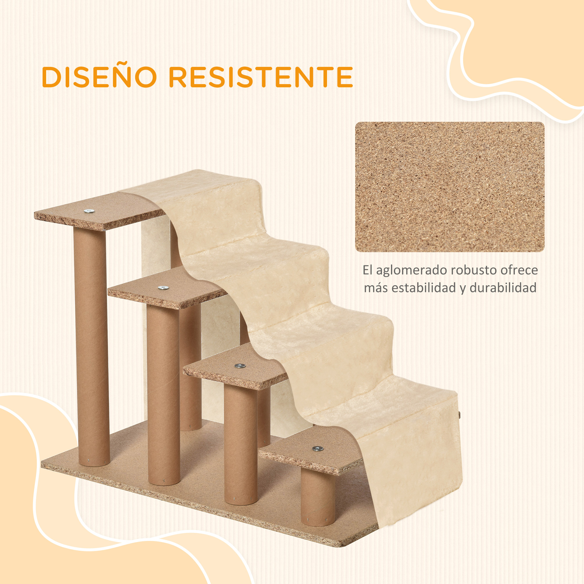 Una escalera para gatos de madera con alfombra beige. El texto dice 'El aglomerado robusto ofrece estabilidad y durabilidad'.