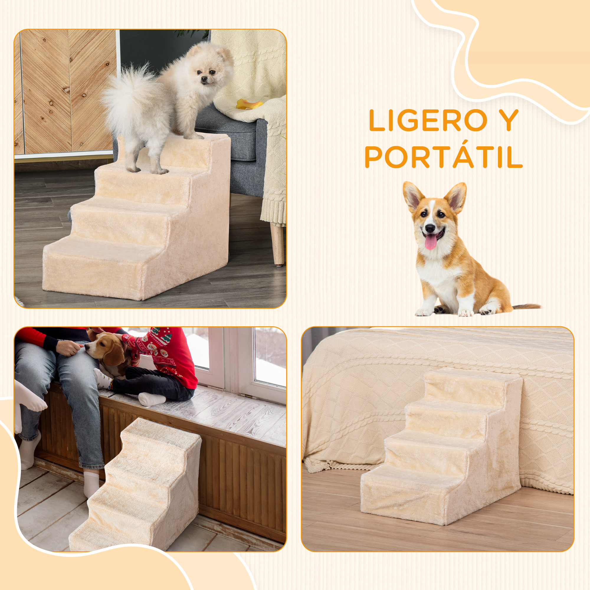 Collage de perros usando escaleras beige para mascotas. Perros en las escaleras y en diferentes entornos.
