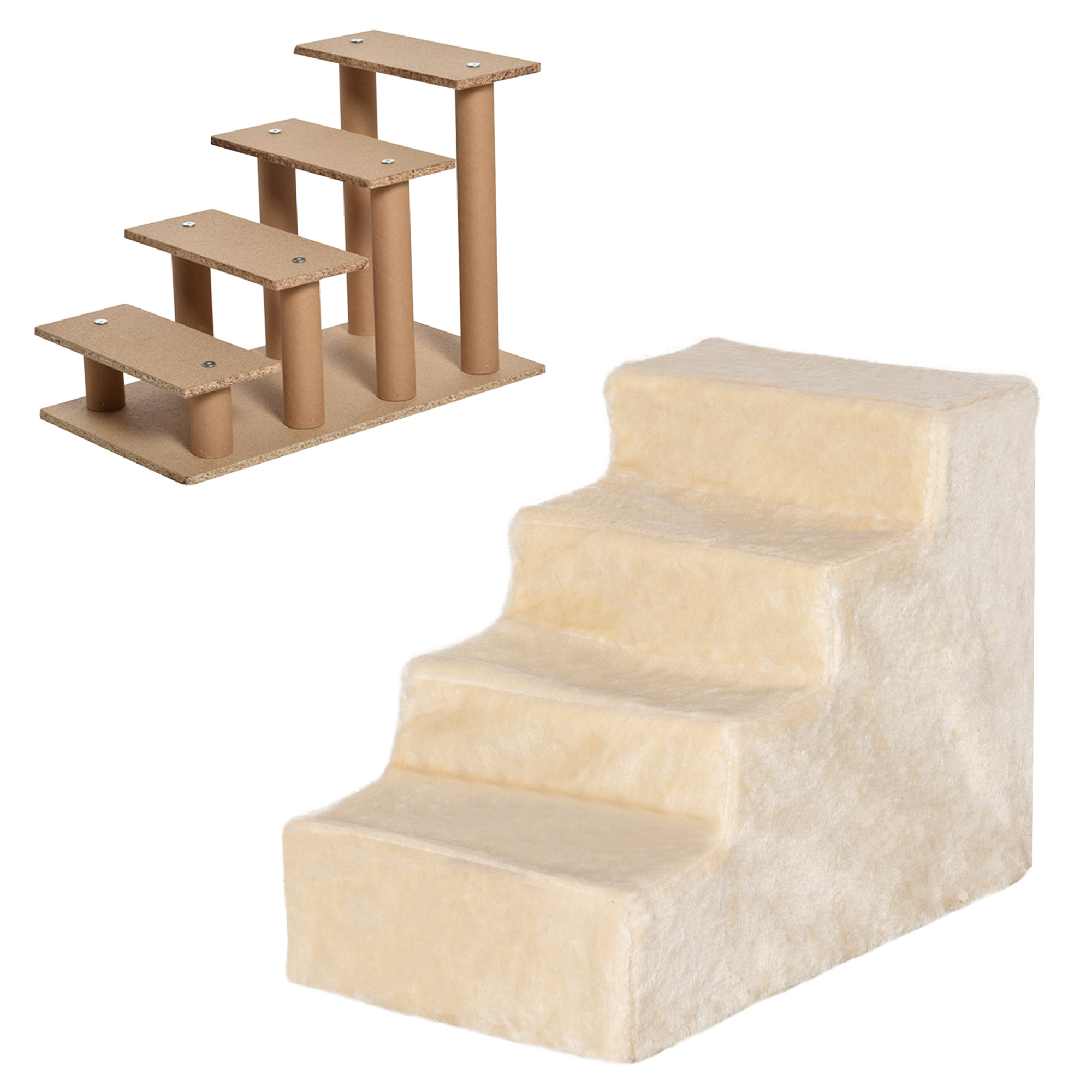 Dos juegos de escaleras para mascotas: uno de madera, el otro con alfombra beige. Ambos para mascotas.