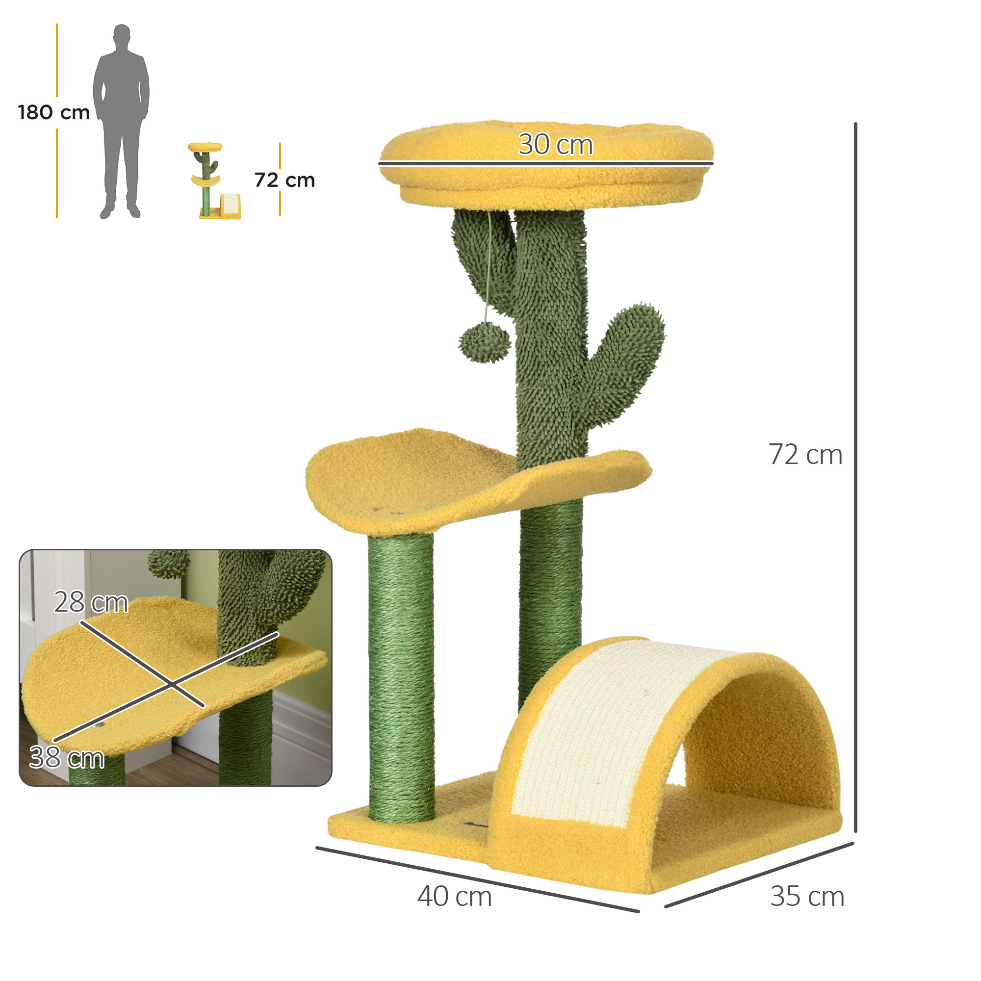 Árbol para gatos con forma de cactus. Colores amarillo y verde. Se muestran dimensiones y altura.