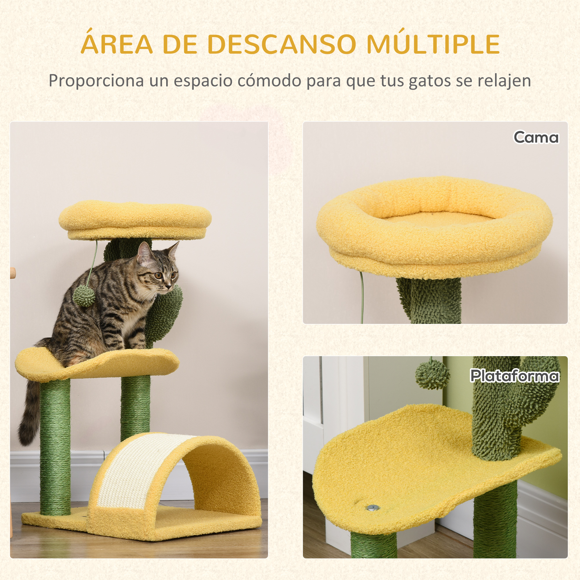 Árbol para gatos con gato en plataforma, elementos amarillos y verdes. Incluye tres vistas cercanas.