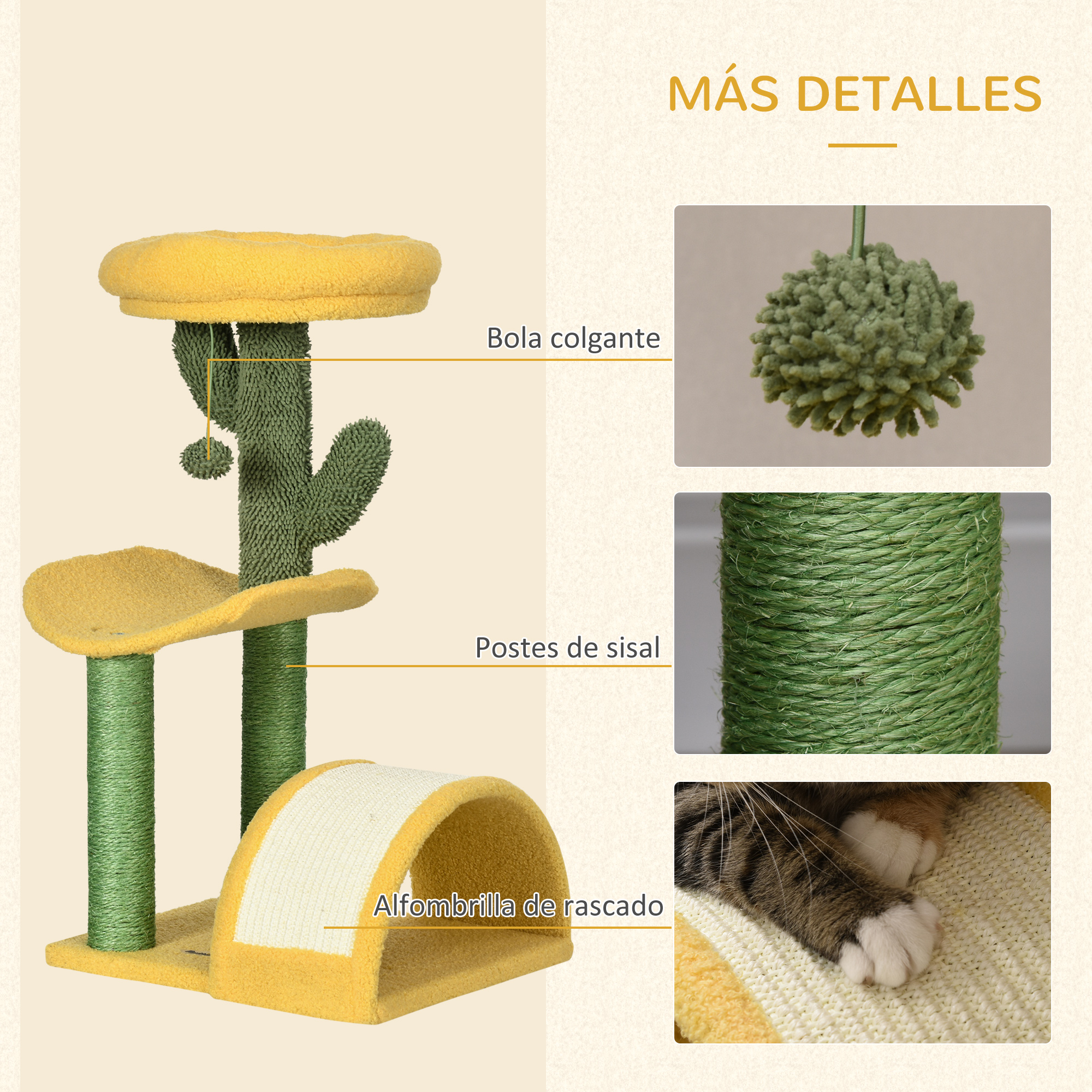 Árbol para gatos con elementos amarillos y verdes. Poste rascador, bola colgante y gato.