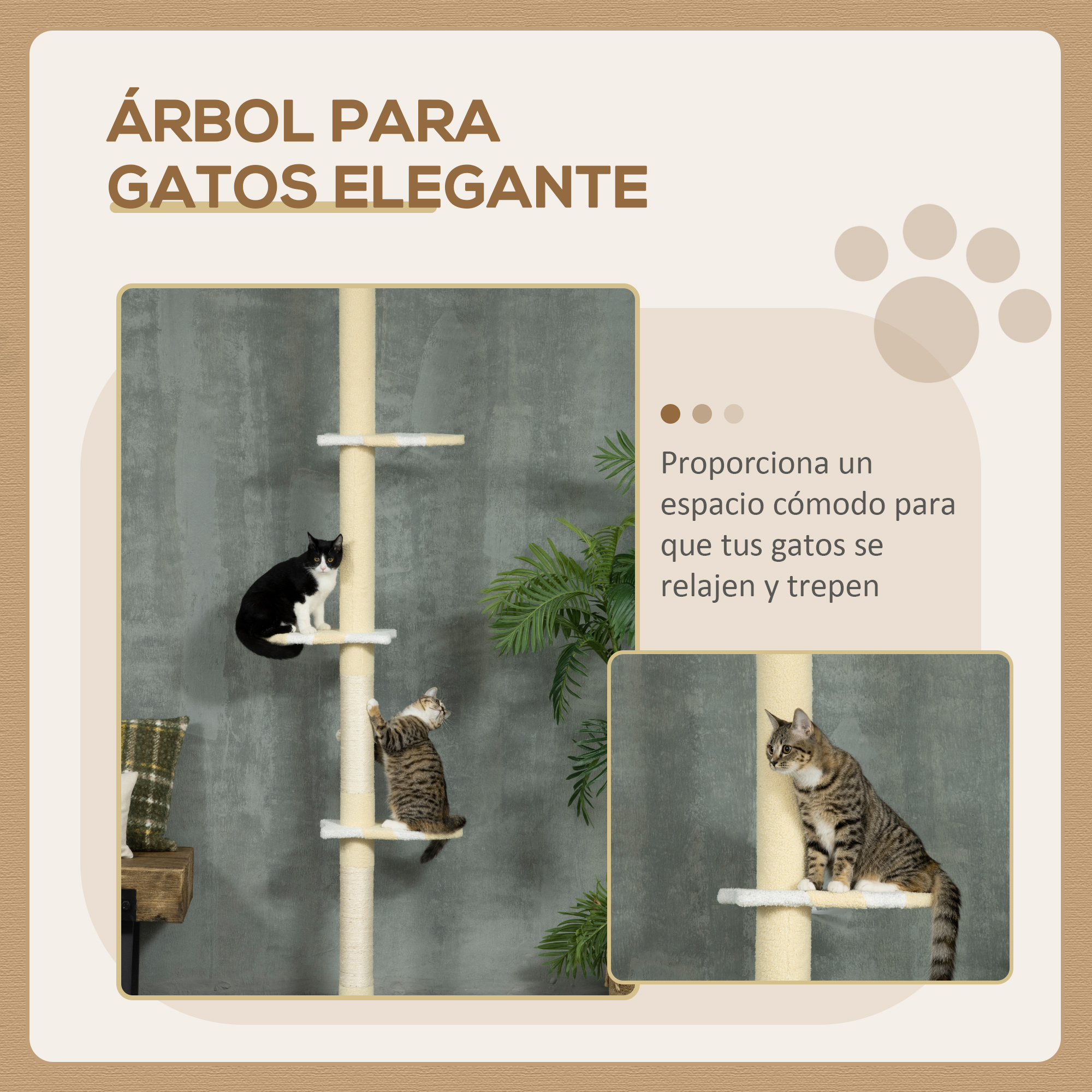Árbol para gatos elegante con múltiples niveles. Dos gatos están en él.
