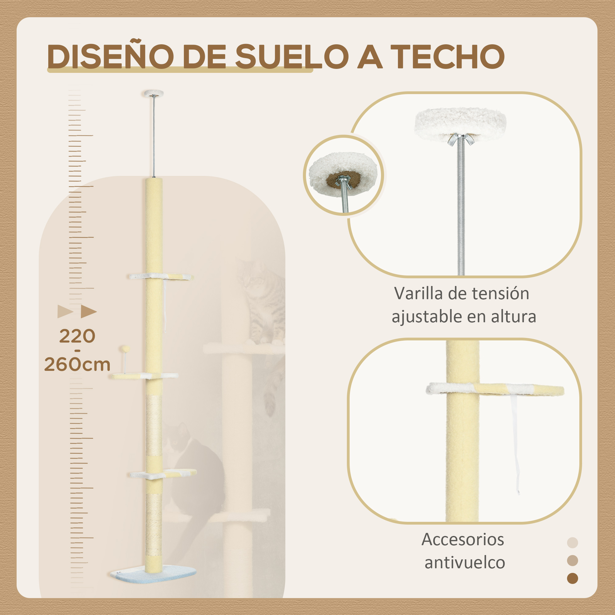 Un árbol para gatos con altura ajustable, con rascador y plataforma de descanso.