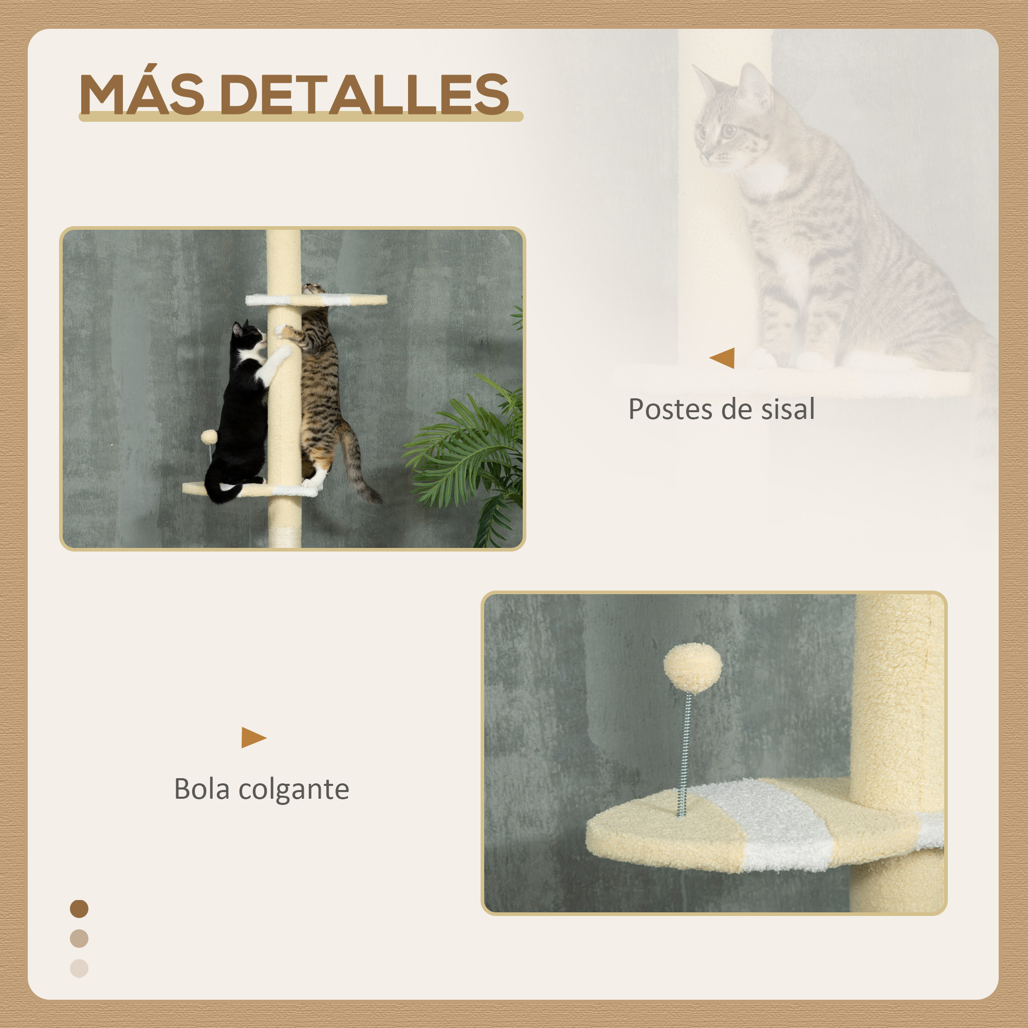 Un gato trepando un árbol para gatos con postes de sisal y una bola colgante.
