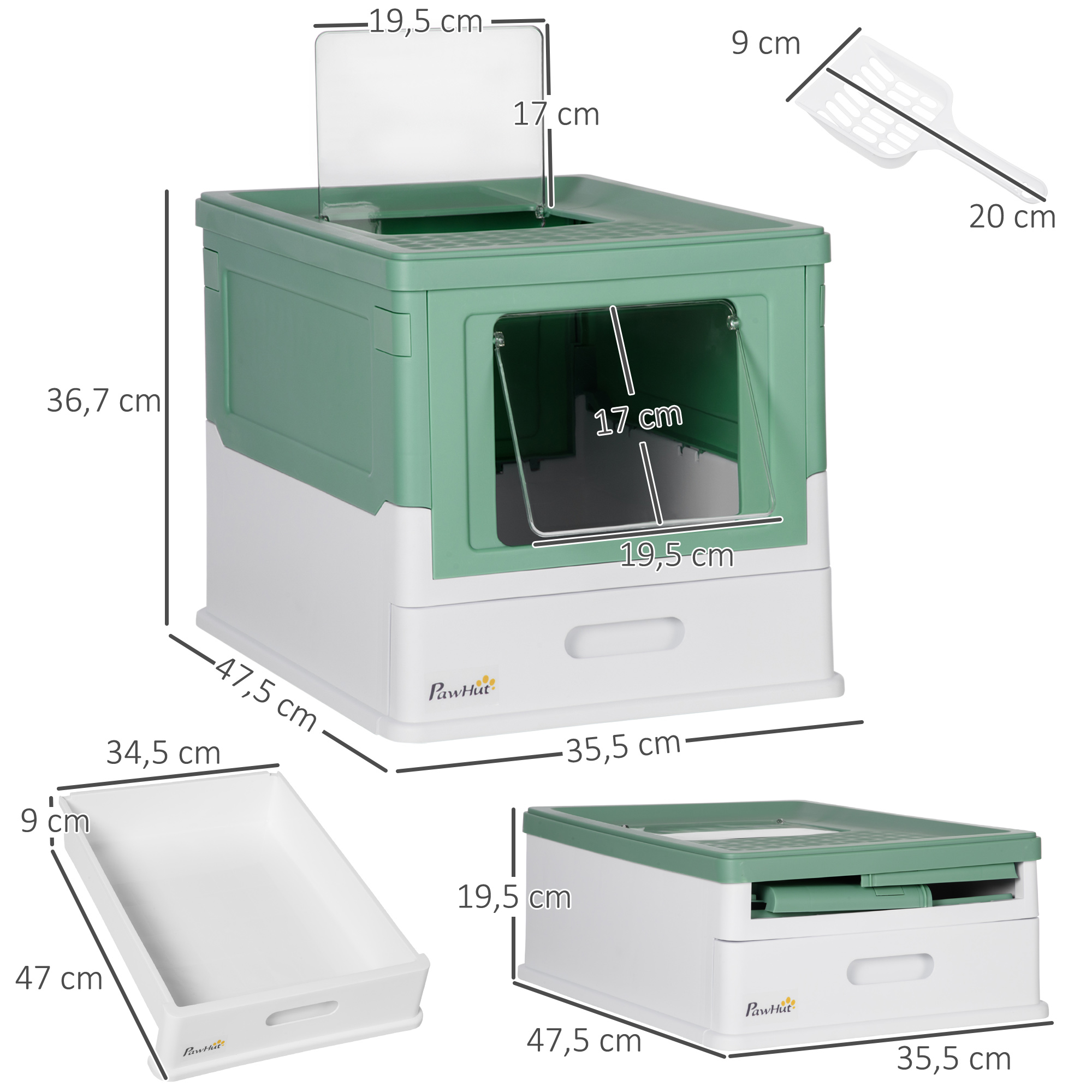Una caja de arena para gatos verde y blanca con dimensiones. También se incluye una pala.
