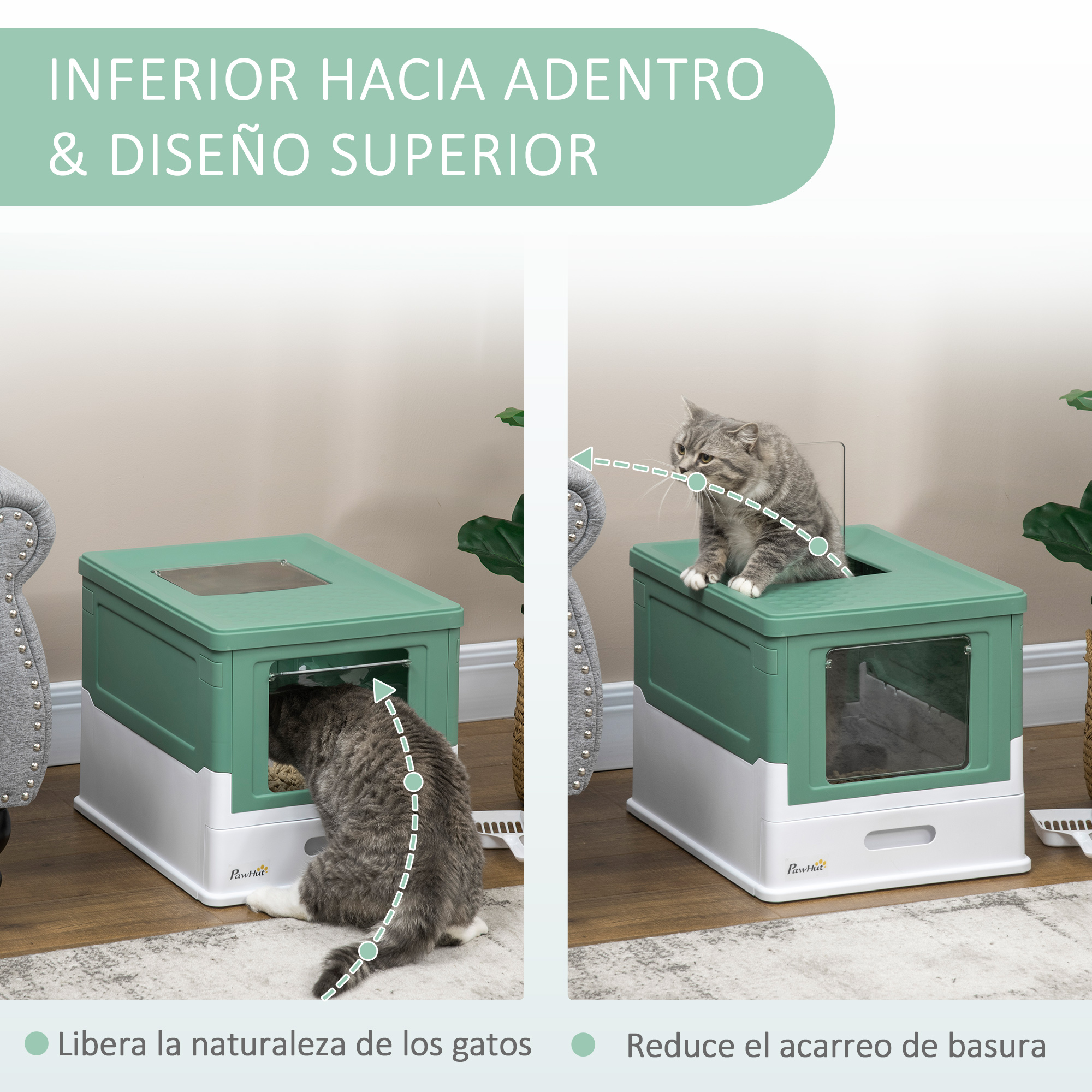 Arenero para gatos: Tapa verde, base blanca. El gato entra y sale. Reduce el olor y los desechos.
