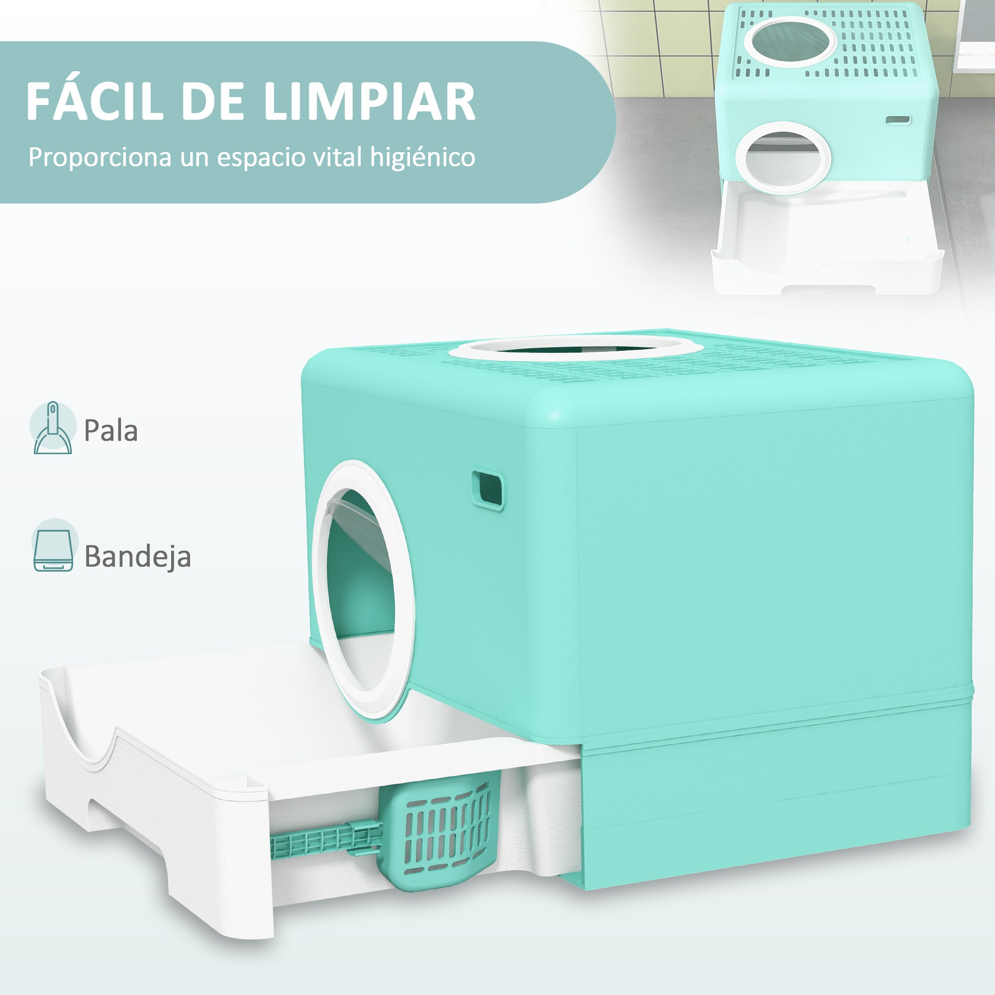 Una caja de arena para gatos azul claro con cajón y pala, con fondo blanco.