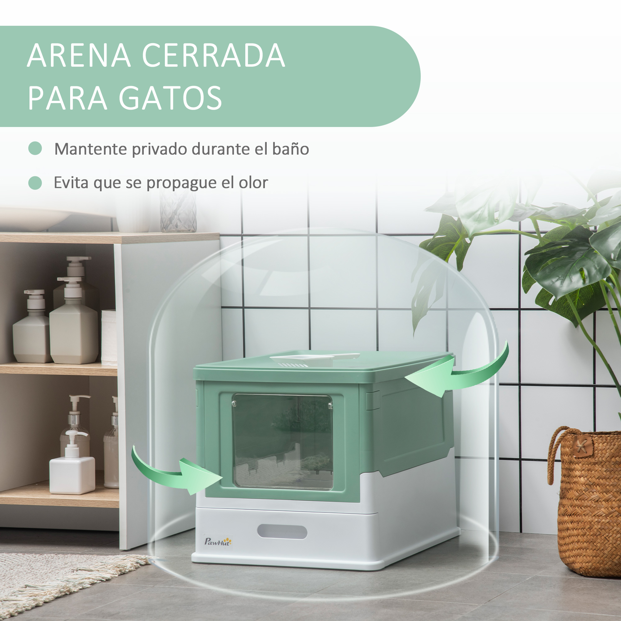 Una caja de arena para gatos verde y blanca con diseño cerrado, cerca de una estantería y una planta.