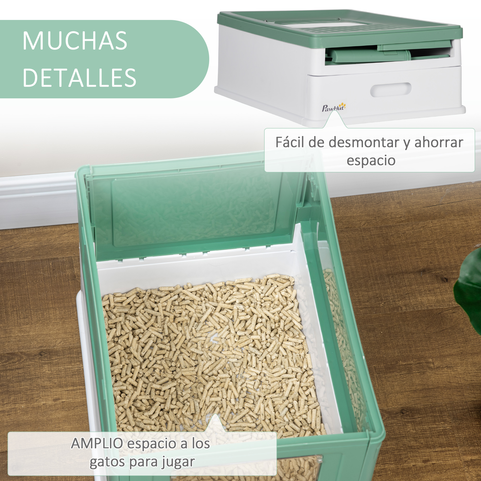 Una caja de arena para gatos con tapa verde y bolitas de madera en el interior. La caja está abierta.