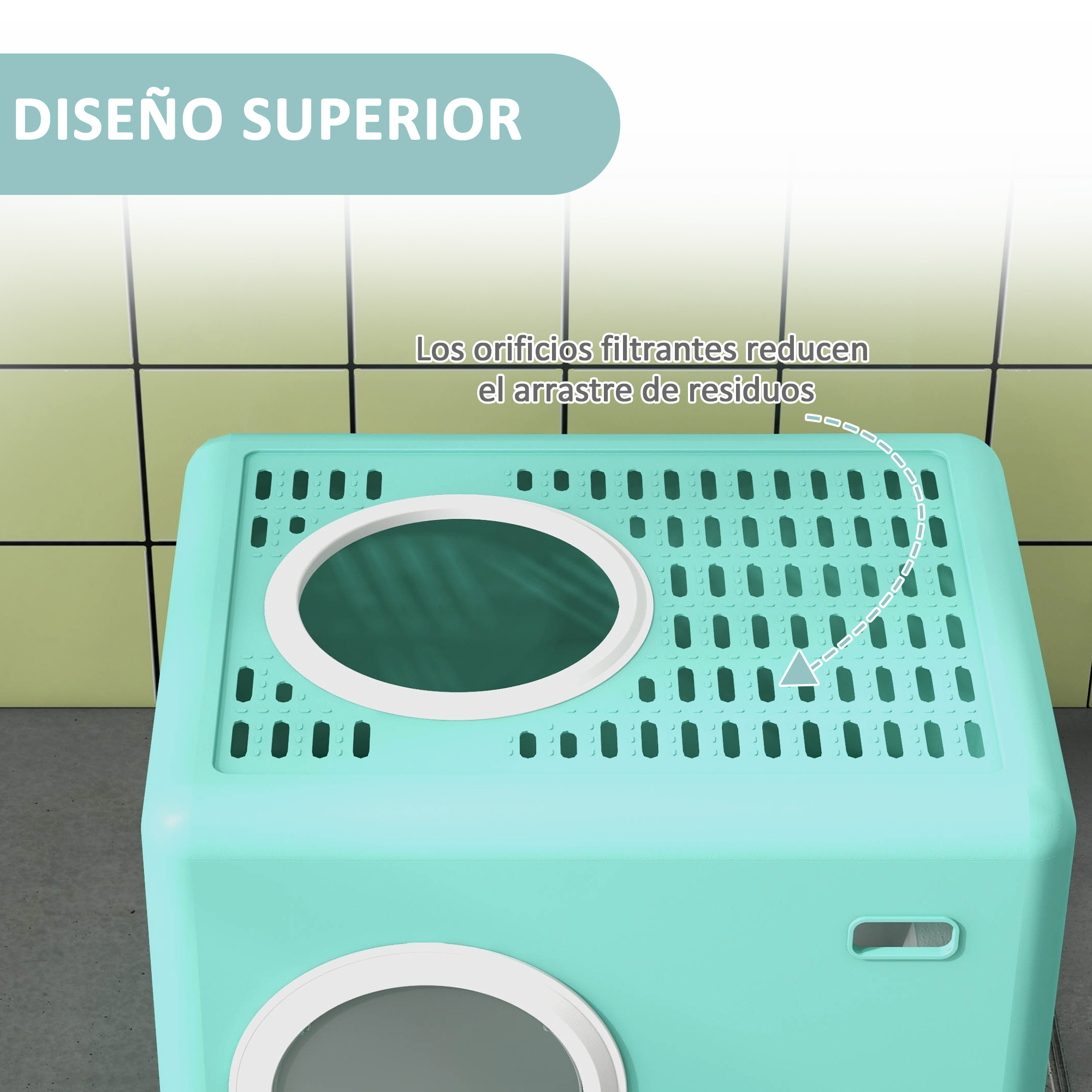Una caja de arena para gatos con una parte superior azul claro y una abertura circular. La parte superior tiene pequeños agujeros.