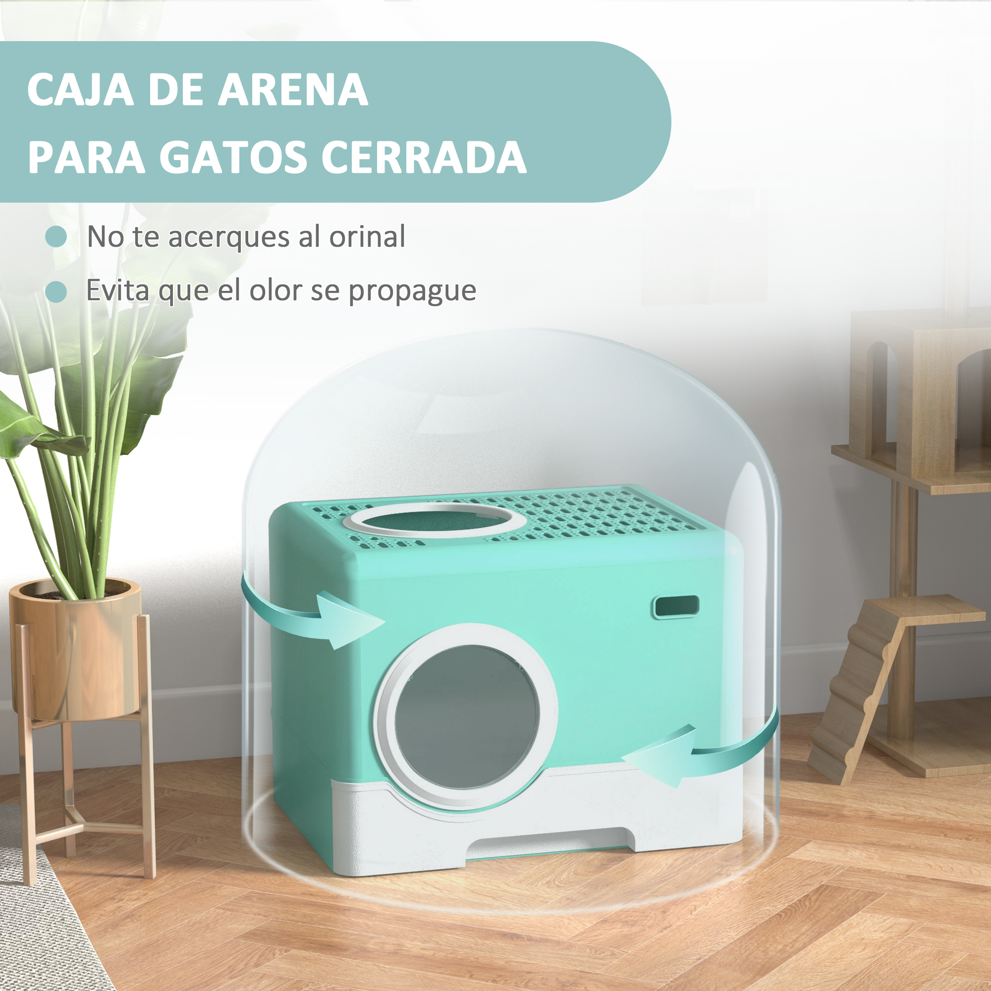 Una caja de arena para gatos de color turquesa con un diseño cerrado. Evita el olor y te mantiene alejado del urinario.
