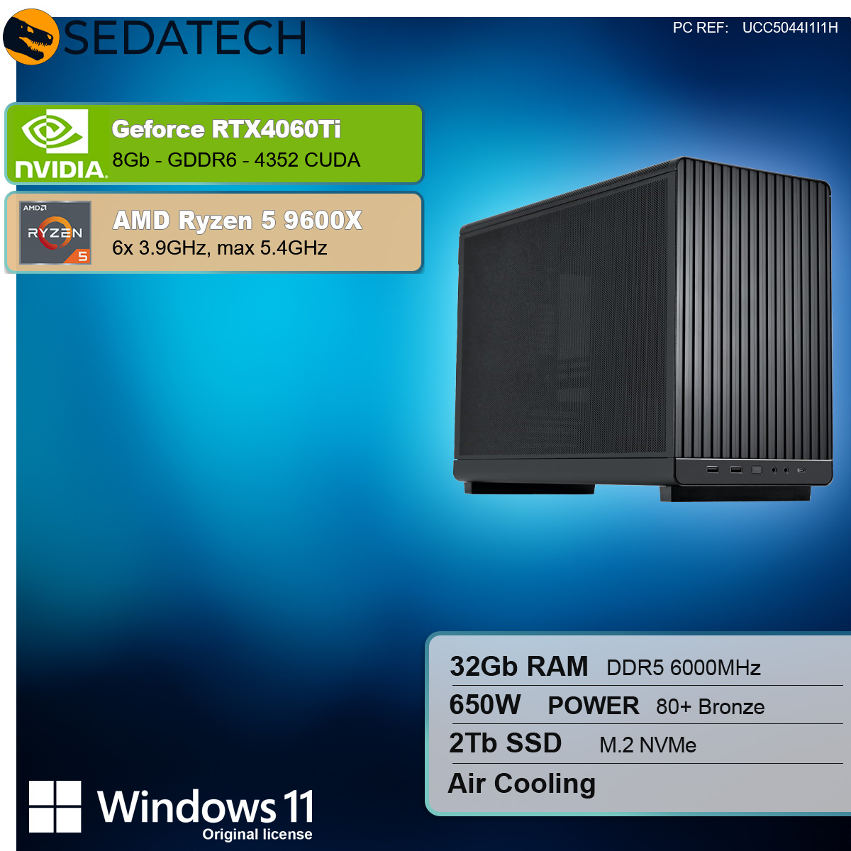 Un case per computer, con loghi NVIDIA e AMD, e specifiche. Case nero, sfondo bianco.
