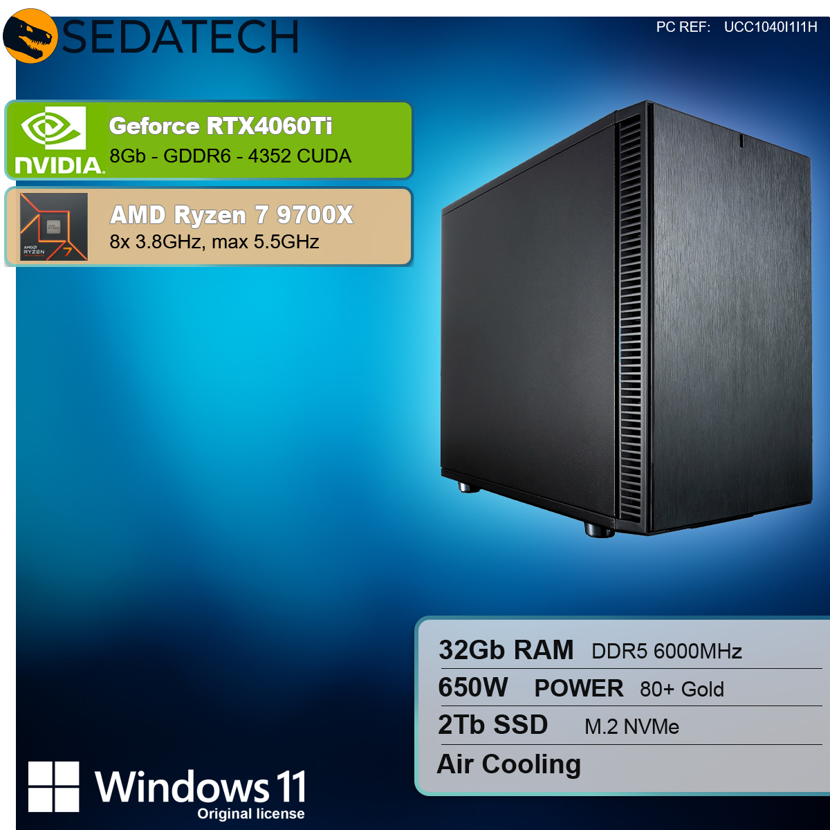 Un case per computer con una descrizione dei suoi componenti, tra cui CPU, RAM e SSD.