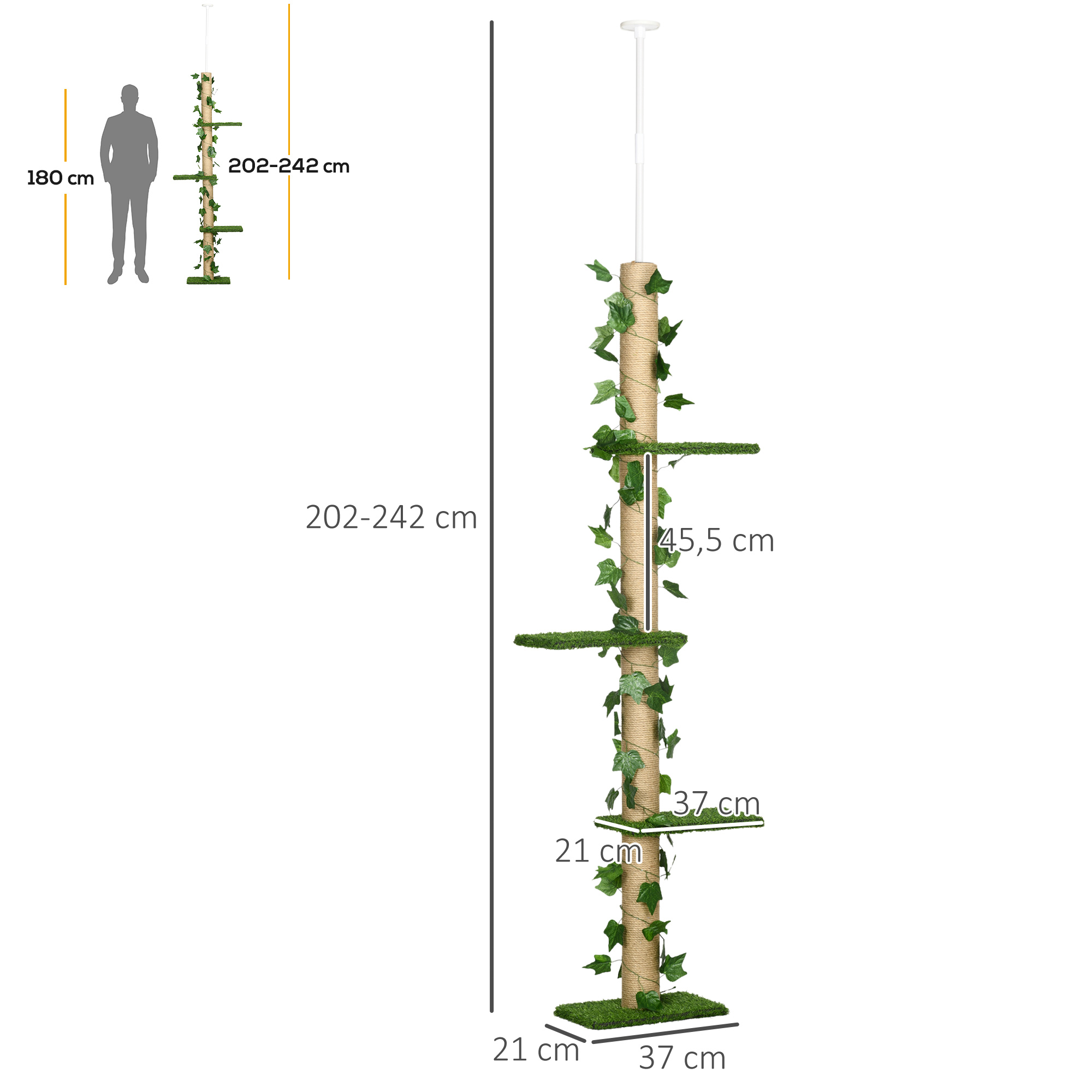 El árbol para gatos tiene varios niveles, está envuelto en cuerda y decorado con hojas verdes. Mide 202-242 cm de alto.