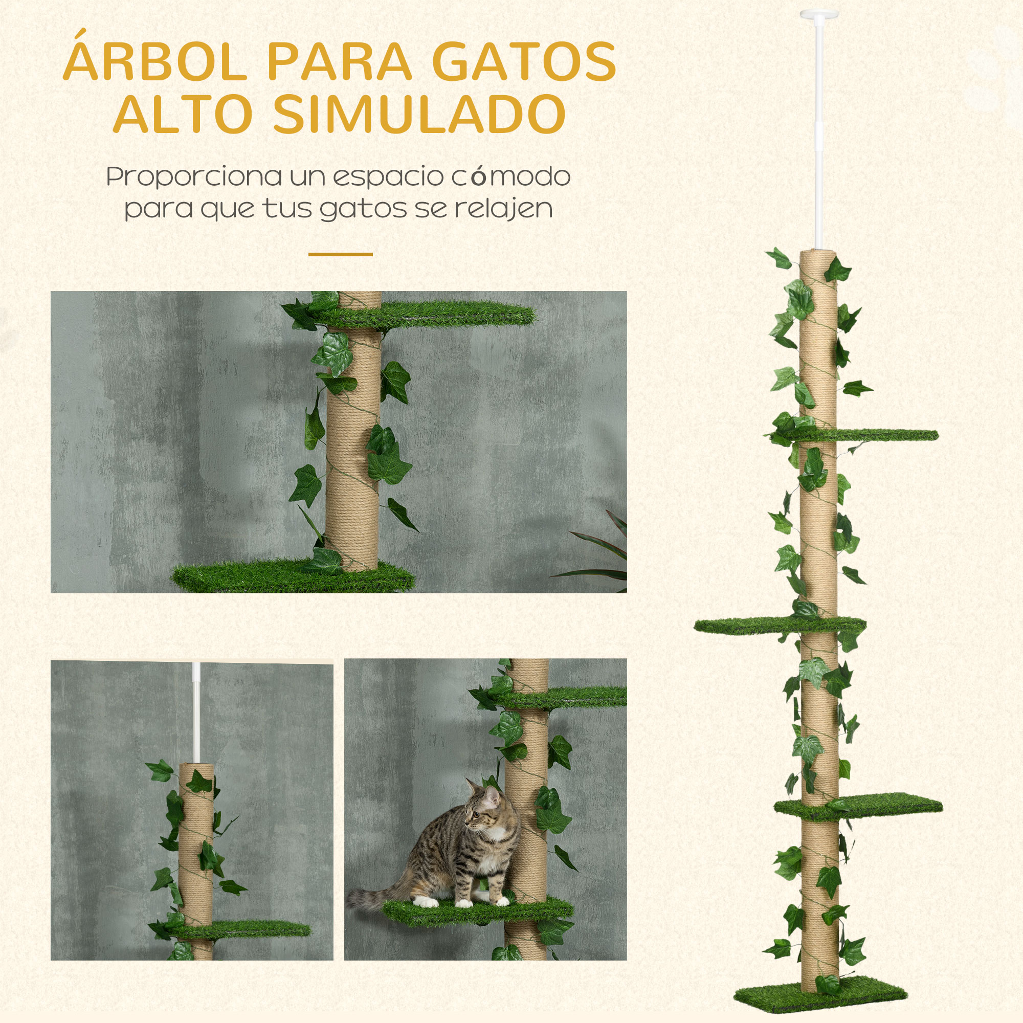 Un árbol para gatos alto con hojas, plataformas y un gato encima, contra una pared gris.