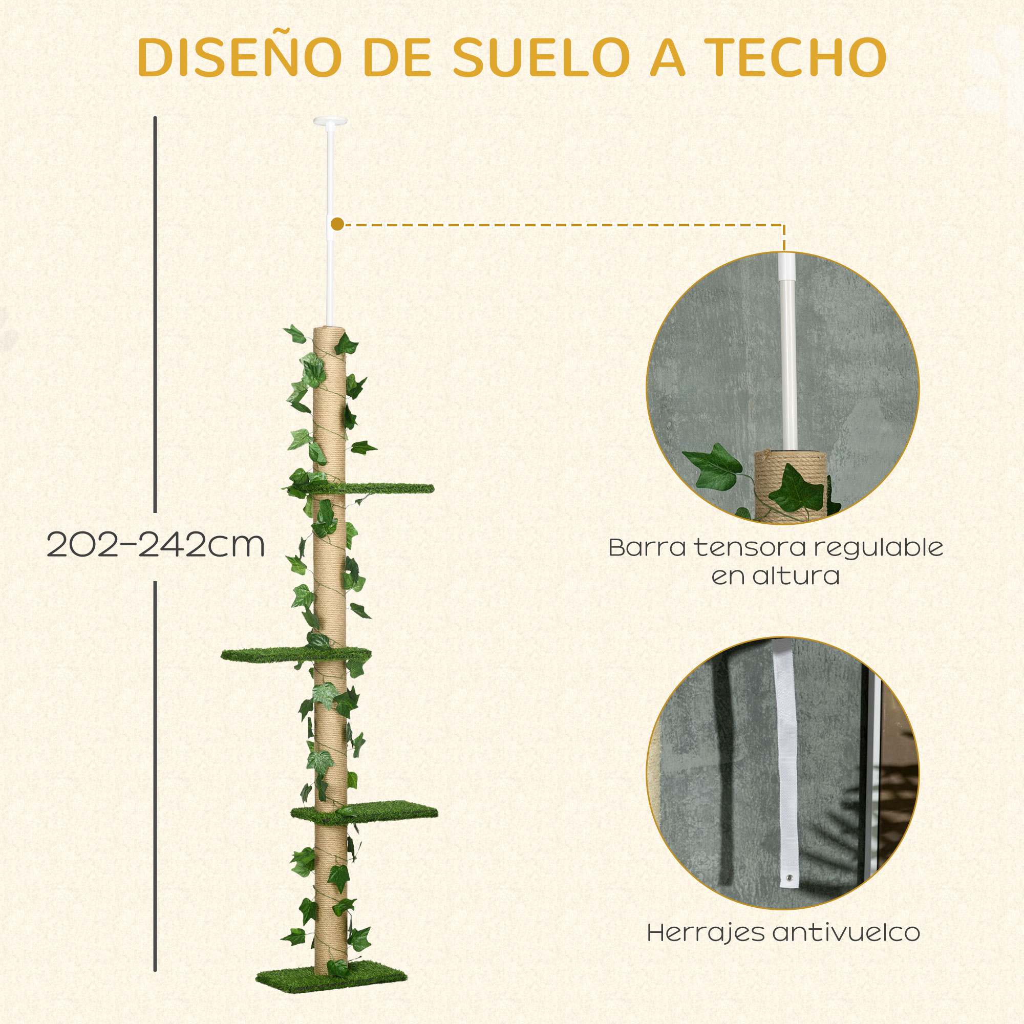 Árbol para gatos con múltiples niveles y hojas verdes, con un gato.