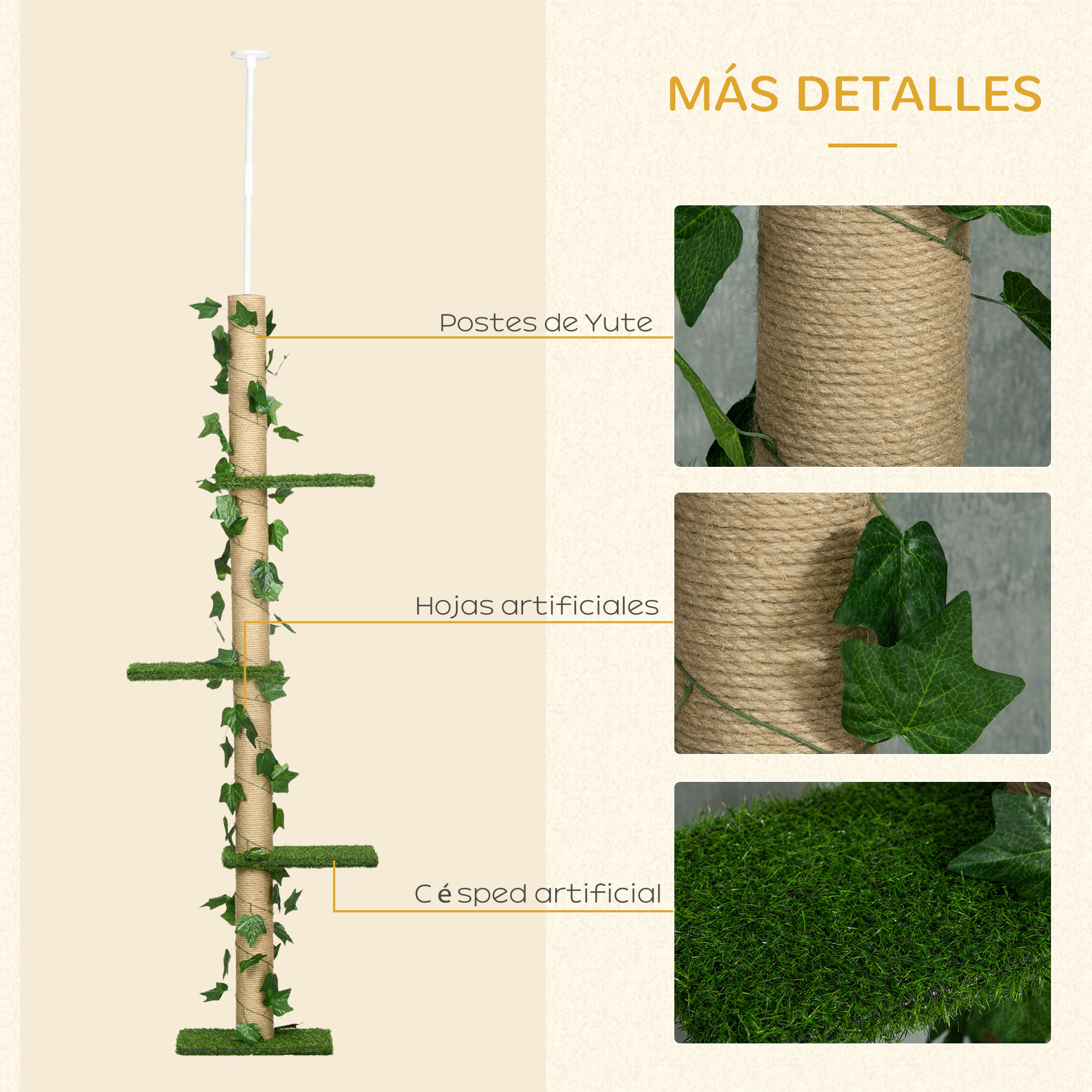 Árbol para gatos con postes de yute, hojas y césped artificiales. Detalles de cada material al lado.